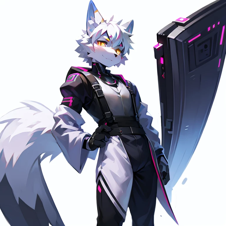 cyber punk perssonage,epcot,Tech style,solo person,White body,White ears,White hair,Overall white,Orange-yellow eyes,Wolf tail,Wolf orcs,Young,Wear a short-sleeved shirt,Ultra-clear screen,Soft lines