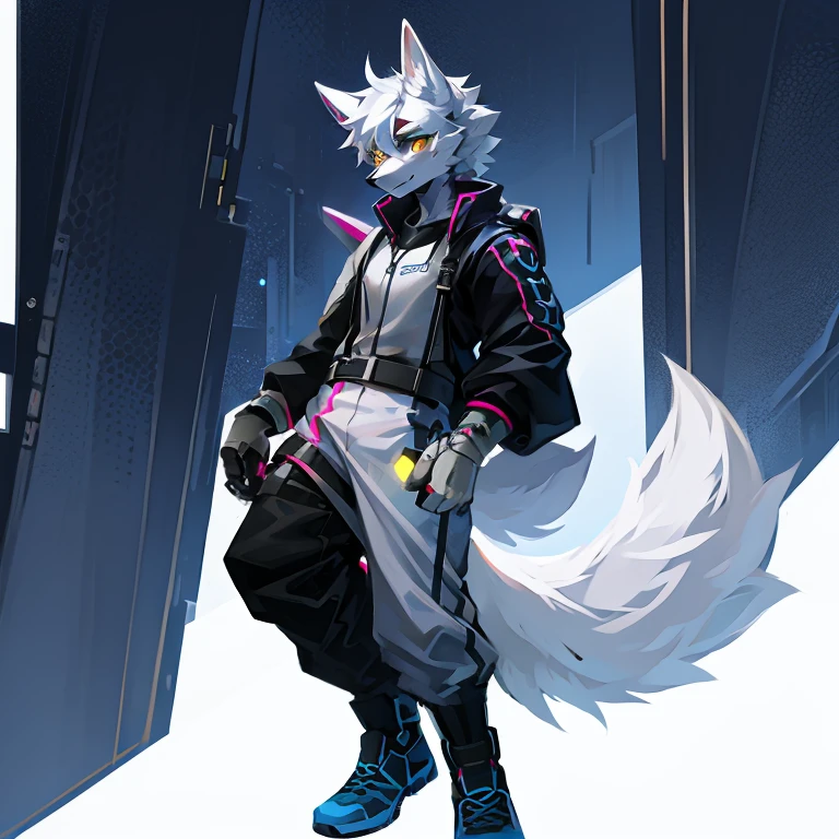cyber punk perssonage，epcot，Tech style，solo person，White body，White ears，White hair，Overall white，Orange-yellow eyes，Wolf tail，Wolf orcs，Young，Wear a short-sleeved shirt，Ultra-clear screen，Soft lines