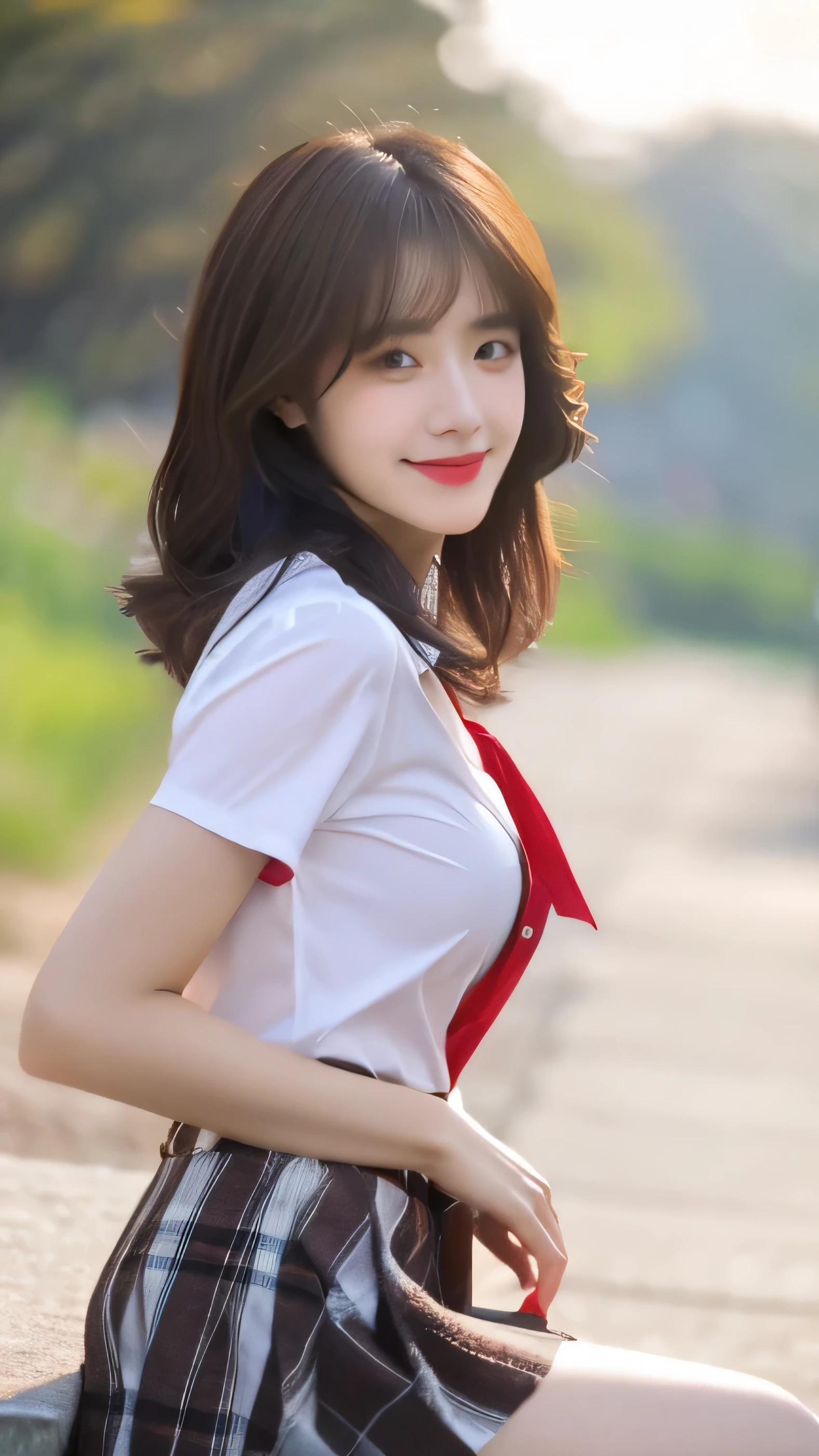 nsfw, 8K raw photo, Best quality, masterpiece, ultra high res, film grain,filmg,
1girl, looking at viewer,
natural skin texture, realistic eye and face details, full lips, lipstick, rouge \(makeup\), red eyeshadow, fluffy short hair, messy hair,  smile, close mouth, beautiful legs, tall female, skinny, slim_legs, solo,
enormous breast,cleavage,
Pose with buttocks facing you,
ultra short skirt, ass, shirt,
beautiful nature location,around flower location, plaid skirt, white shirt,
enormous breast,cleavage, Show a little cleavage through the shirt,
loafers,
blurry background, blurry, holding, plaid, short sleeves, jk ribbon on the neck, jk ribbon,
brown hair, bracelet, water, bangs, , jewelry, parted lips, lips, from side, pleated skirt,
depth of field, black hair,
looking at viewer