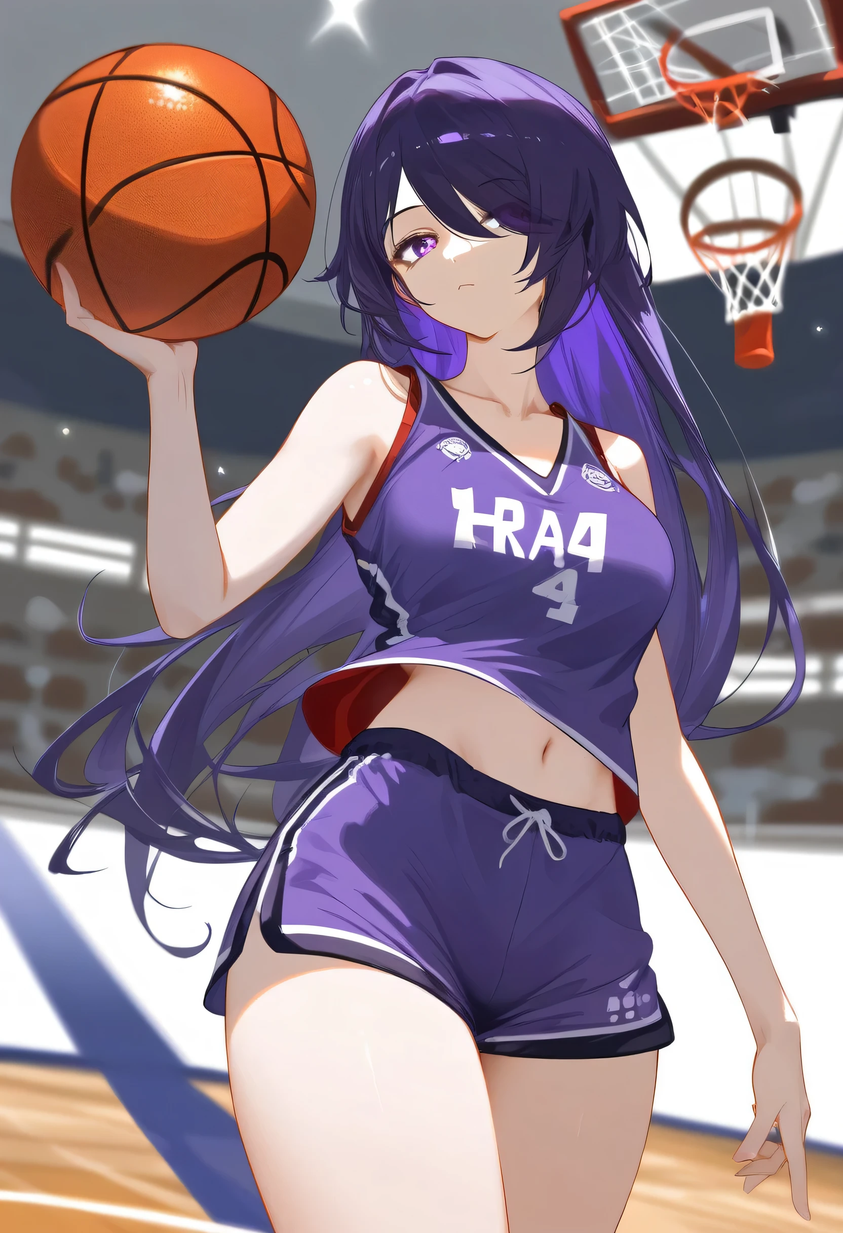 (score_9,score_8_up,score_7_up),mature girl, milf,looking at viewer, expressionless,
basketball uniform, shorts, purple tank top, purple shorts, closed mouth,
blurry, collarbone, basketball stadium, standing, contrapposto, holding basketball, 
cowboy shot,low angle,ground level, long hair, dark purple hair, purple eyes, hair over one eye, huangquan, acheron \(honkai: star rail\), 1girl, solo, midriff,