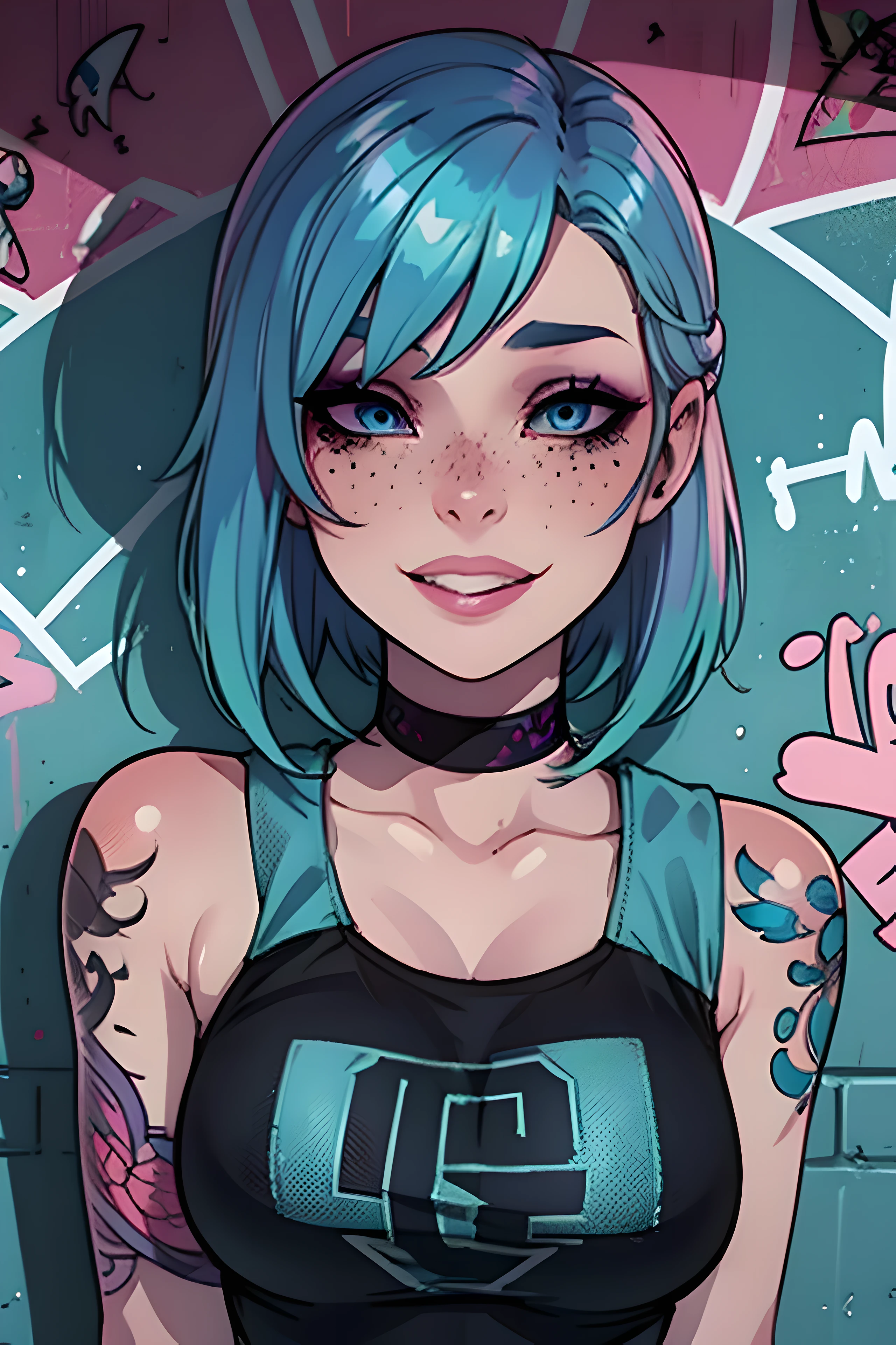Masterpiece, best quality, 23 years old, college student, centered in frame, portrait, female, tattoos, super pale skin, friendly expression, laughing, pink lips, short light pastel blue hair, city landscape, graffiti, blue eyes, wears bright makeup,black freckles, beautiful, grunge, alt-girl, fishnet shirt, eyeshadow