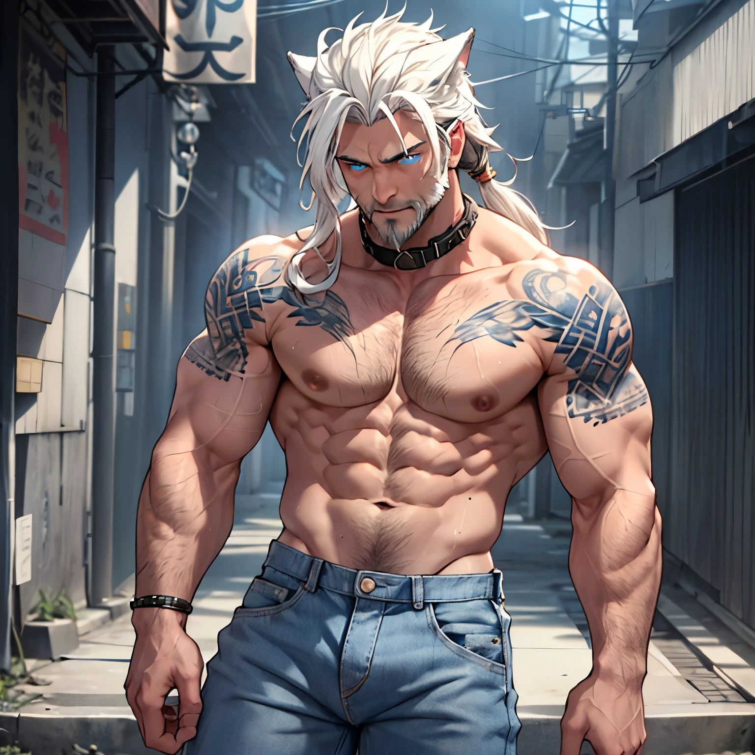 a muscular himbo with a short gruffy beard and long white hair, has white wolf ears and isnt wearing a shirt, wearing blue denim jeans, solo, alone, (SOLO)(ALONE) 1 male, has glowing blue eyes, shirtless, no shirt, showing abs, sweaty, has long locks, wearing collar, innocent, stupid looking, has mutli colored yakuza tattoos