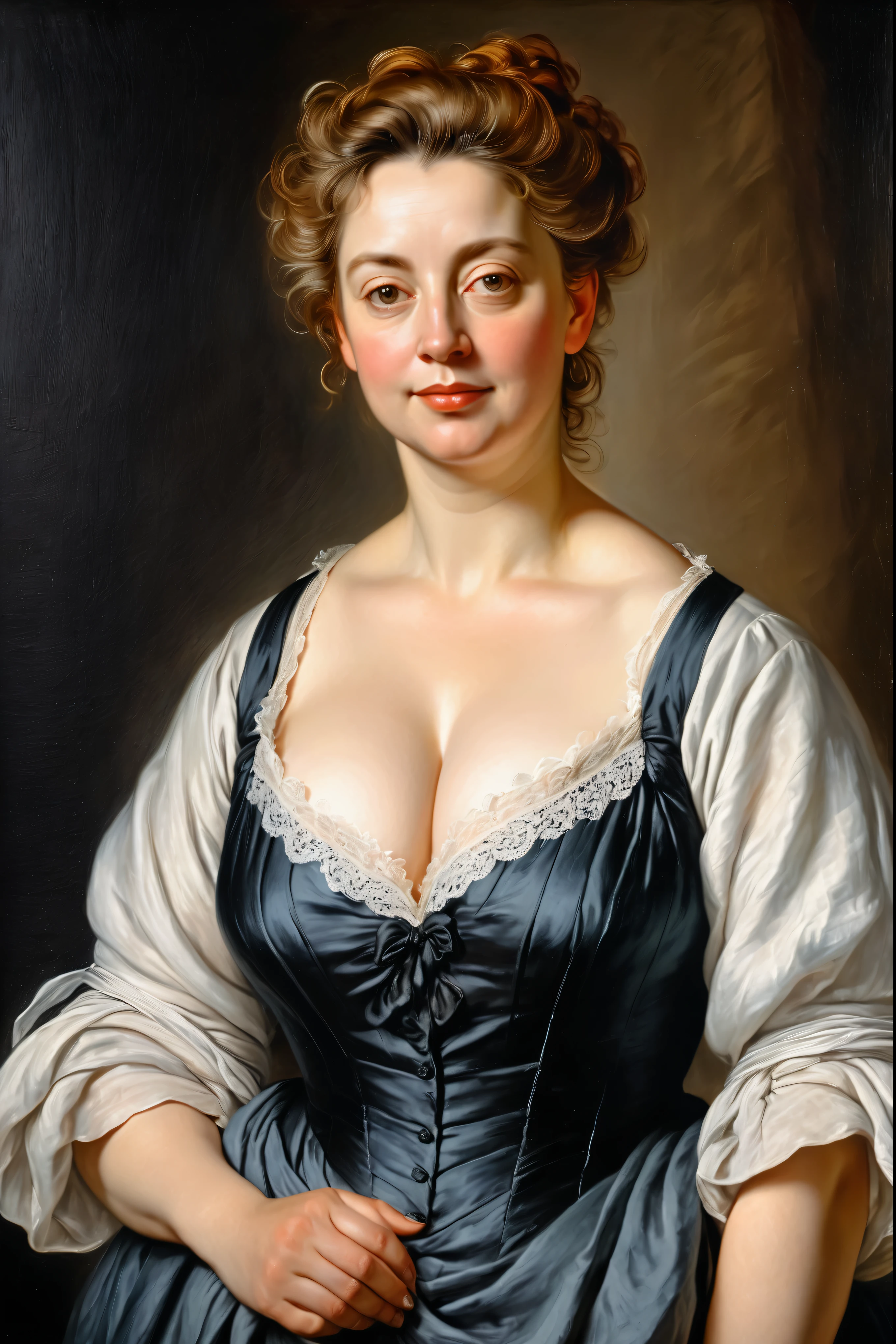 portrait painting of a thick Beautiful middle aged woman, extremely gorgeous, linen clothes, wearing a Victorian Camisole dress or chemise, by Peter Paul Rubens, in Peter Paul Rubens style, by Caravaggio, intricate, flawless, masterpiece, Best quality, 