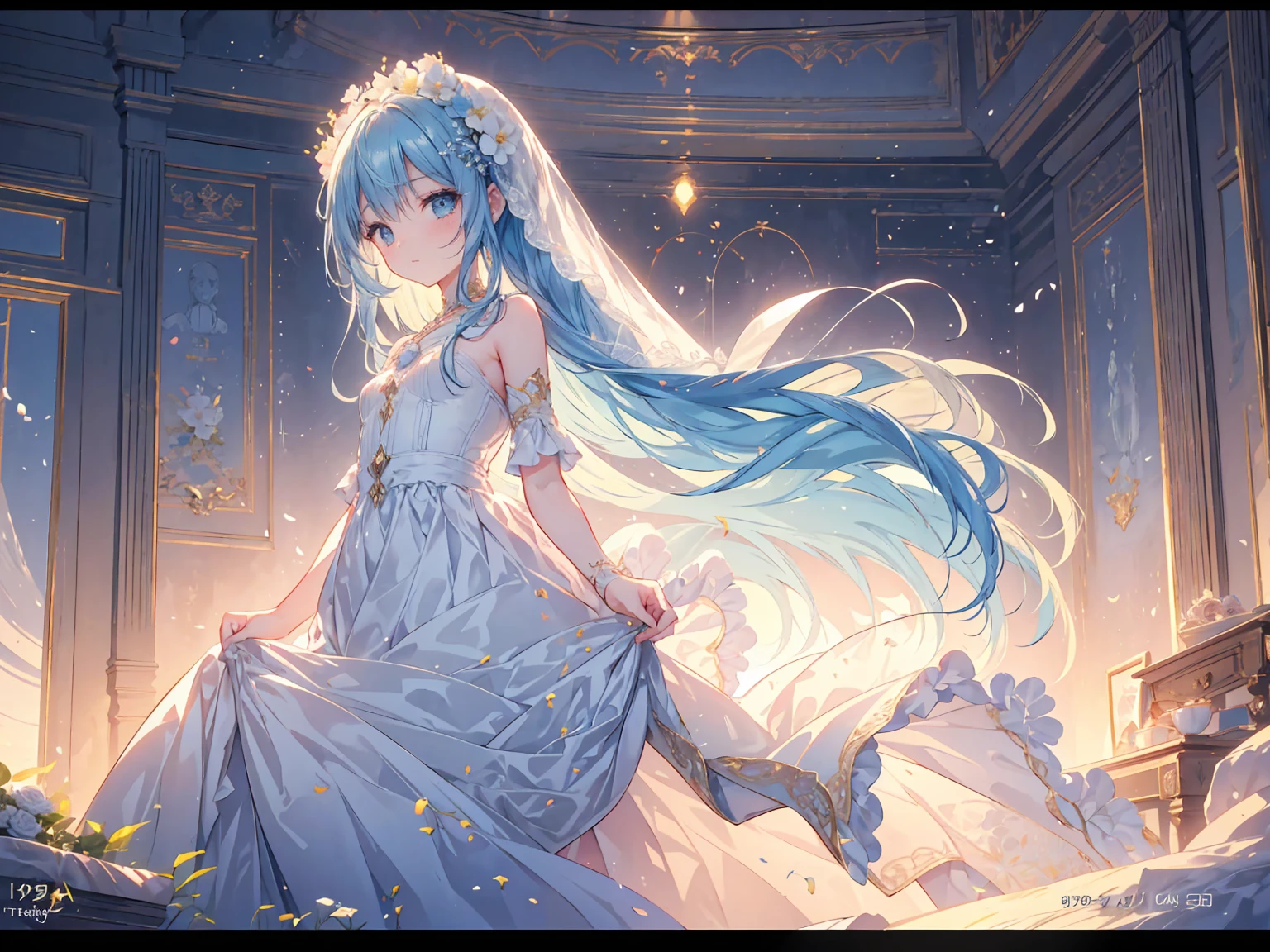 masterpiece, best quality, extremely detailed, (illustration, official art:1.1), 1 girl ,(((( light blue long hair)))), light blue hair, ,10 years old, long hair ((blush)) , cute face, big eyes, masterpiece, best quality,(((((a very delicate and beautiful girl))))),Amazing,beautiful detailed eyes,blunt bangs((((little delicate girl)))),tareme(true beautiful:1.2), sense of depth,dynamic angle,,,, affectionate smile,  ✨🕌🌙, (8K, HDR, highres), ((((Photography, RAW photo, hyperrealism, masterpiece, best quality, ultra highres)))), (pin light, back light, backlighting, cinematic light), sharp focus:1. 4, (hyper detail, finely detailed), full body,1girl, In a field of reeds where the wind blows as the sun sets, there stands a girl in a wedding dress. The dress is a flowing white gown that catches the breeze and dances with the wind. The girl's hair is loose and tousled, and she holds a bouquet of wildflowers in her hands. As the sun sets behind her, casting a warm golden light over the field, she stands tall and serene, like a vision of beauty and grace,Oval-shaped face,Large and pretty cat-like eyes with thick eyelashes,Pointy nose,Small and pretty but plump lips,Thick eyebrows,Long and pretty eyelashes,Transparent makeup with a touch of pink blush and sparkling lip gloss, , ,  , 