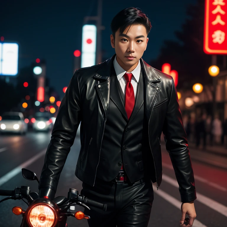 Asian man&#39;s face clearly focused,) Looking straight ahead,On the road at night, Outfit: sleek black leather jacket and red tie., Shot with a high quality camera with 45000000000 pixels..