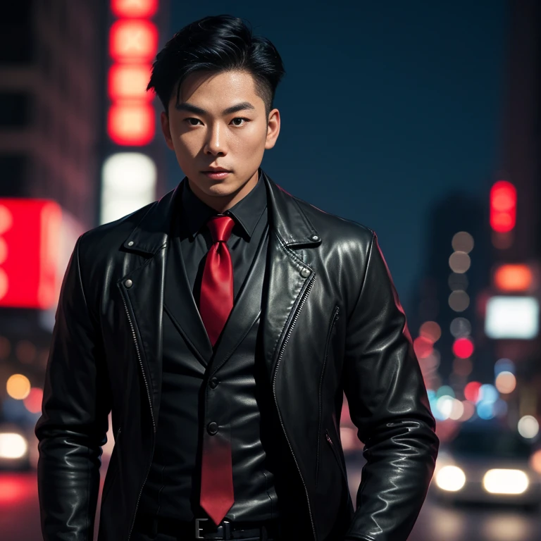 Asian man&#39;s face clearly focused,) Looking straight ahead,On the road at night, Outfit: sleek black leather jacket and red tie., Shot with a high quality camera with 45000000000 pixels..