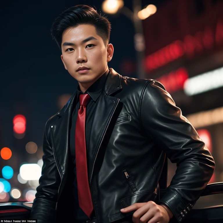 Asian man's face clearly focused,) Looking straight ahead,On the road at night, Outfit: sleek black leather jacket and red tie., Shot with a high quality camera with 45000000000 pixels..