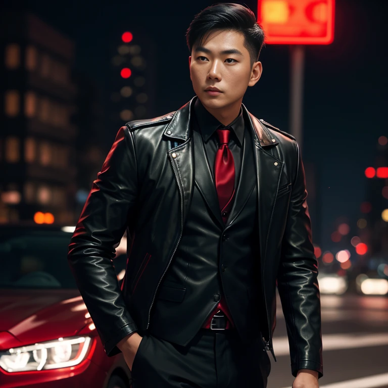 Asian man&#39;s face clearly focused,) Looking straight ahead,On the road at night, Outfit: sleek black leather jacket and red tie., Shot with a high quality camera with 45000000000 pixels..