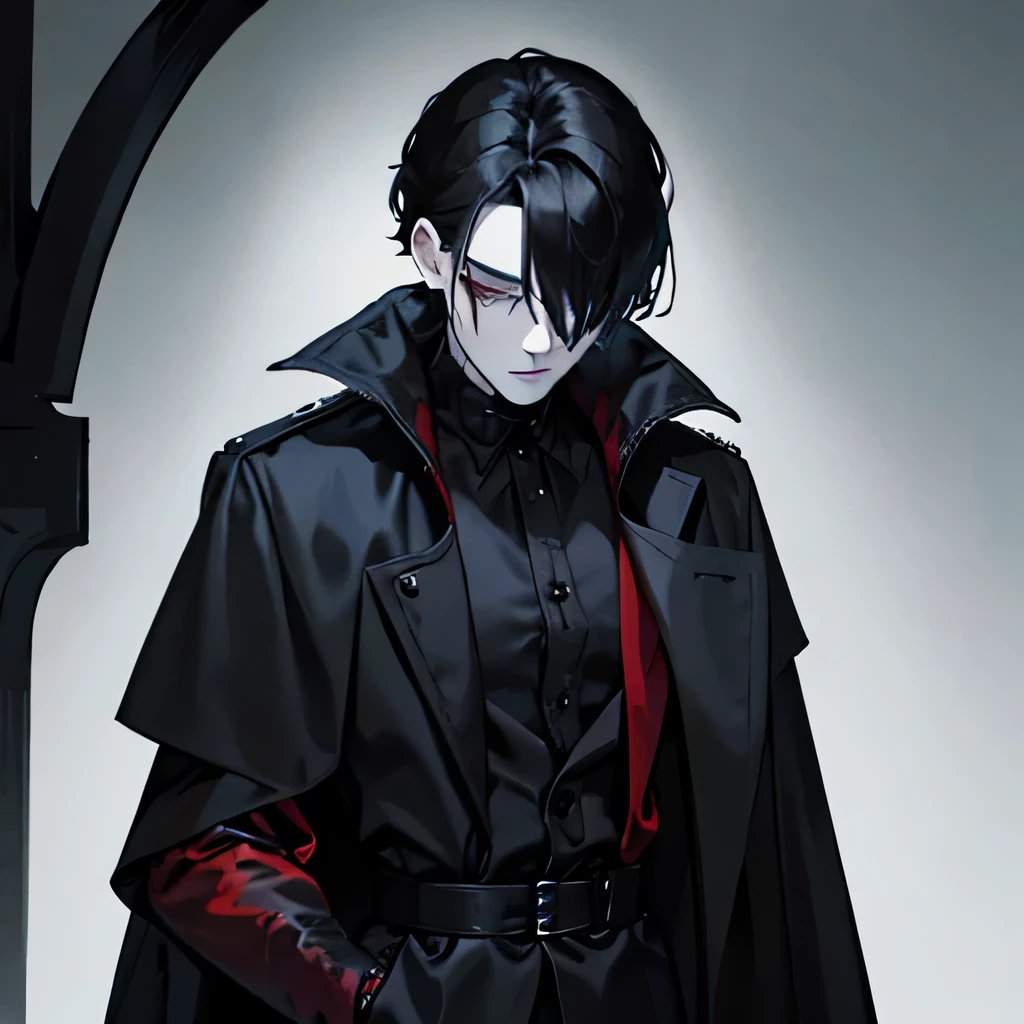 Male, pale, gothic boy, mysterious, slim, hunchback, creepy, hair over his eyes, eyebags, black hair, blood, blind, goth, sad, emo
