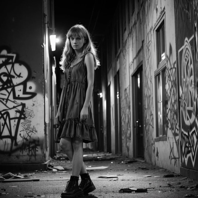 Medium Shot, monochrome, (Sadie Wilkinson in a tattered dress, melancholic gaze), harsh streetlight, (standing in a rundown urban park, graffiti-covered walls), (35mm lens, Pentax K-1 Mark II, raw details, professional, street photography, trending on 500px), by Diane Arbus and Josef Koudelka and Lee Friedlander