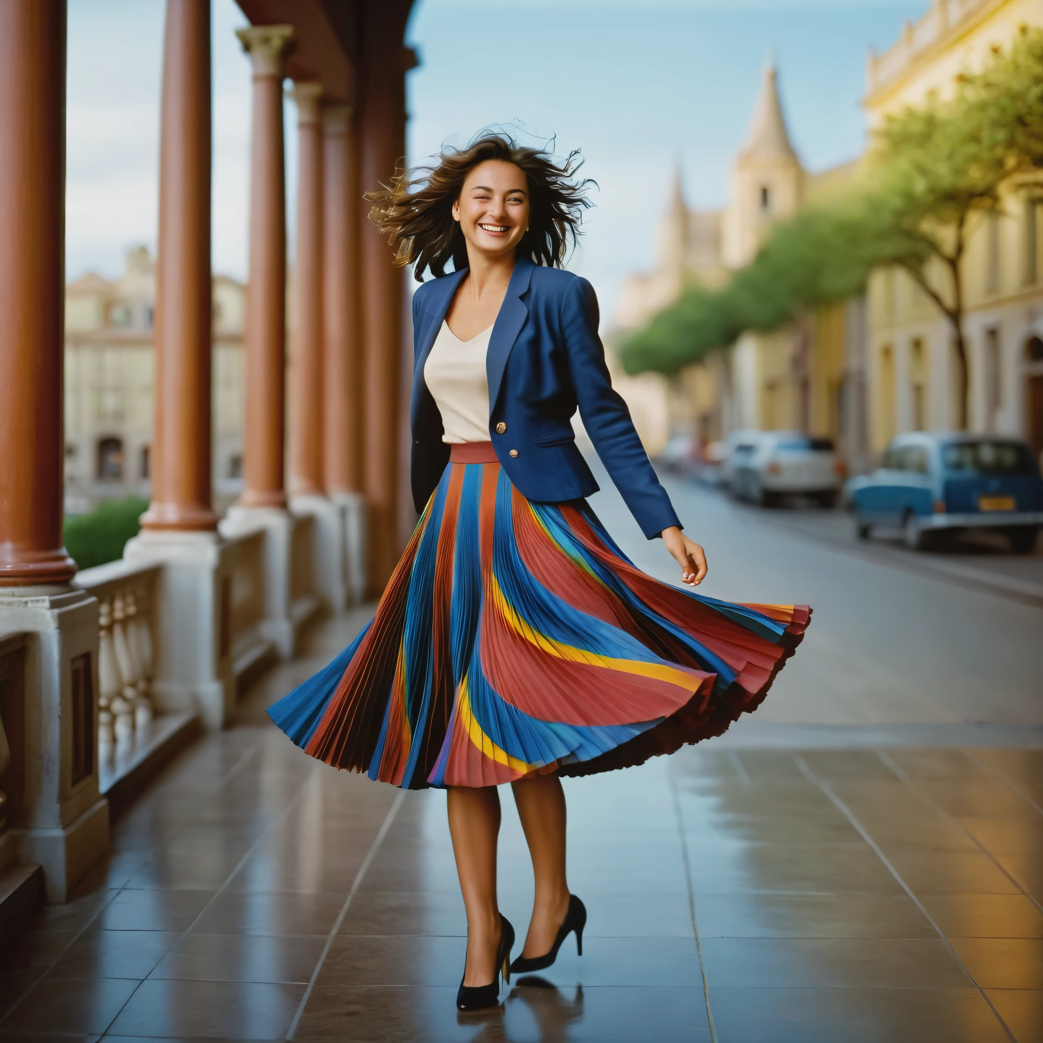 A smiling, authentic, (shy:1,3), kind, beautiful woman, is passionately in love with her skirt, dancing while wind lifts her skirt, wearing short blazer and very, very detailed (long (fully pleated) full circle skirt) and (low heeled court shoes), very, very intricate hyper-detailed symmetric (attractive graceful young feminine face) with (sad, tired eyes and a loving smile), very voluptuous breasts, full of empathy and compassion and love, (pronounced (feminine) features), (highly detailed ultra accurate realistic) hands and fingers, (windy), epic composition, highly detailed attributes, (35mm f1.4 Kodak portra 400 photograph), extremely high quality RAW photograph, highly detailed atmosphere, cinematic shot, dynamic lighting, 75mm, Technicolor, Panavision, cinemascope, sharp focus, fine details, 8k, HDR, realism, realistic, key visual, film still, superb cinematic color grading, depth of field