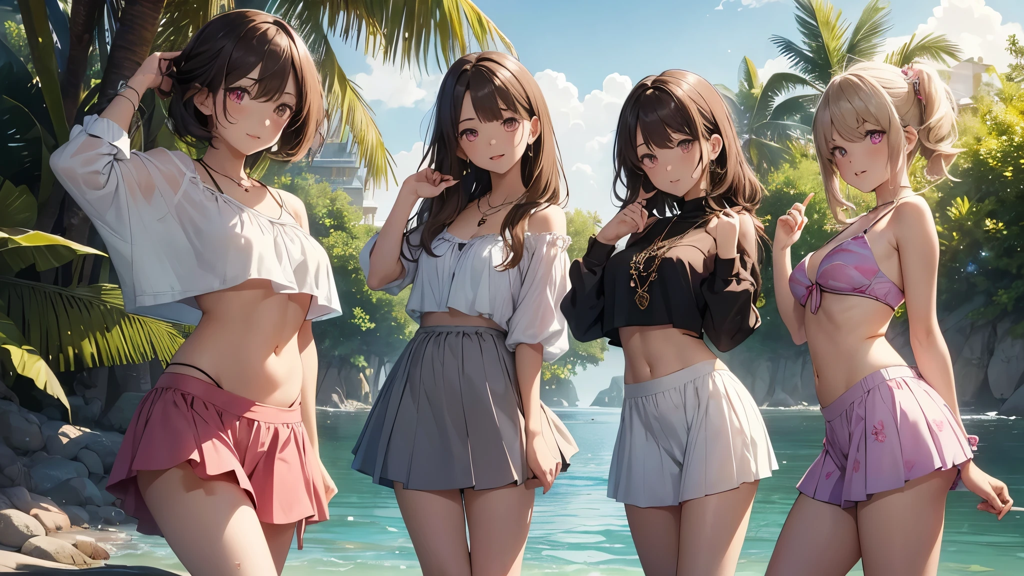 Super detailed, best quality, High resolution, Moe anime, ((((Three cute , dark-haired girls in white underwear are sitting)))), (), cute eyes, view audience, pale skin, NSFW, focus on the face, (Nipples are clearly visible:1.2), Navel exposed, bare shoulders, ((flat chest)), at the park, small ass