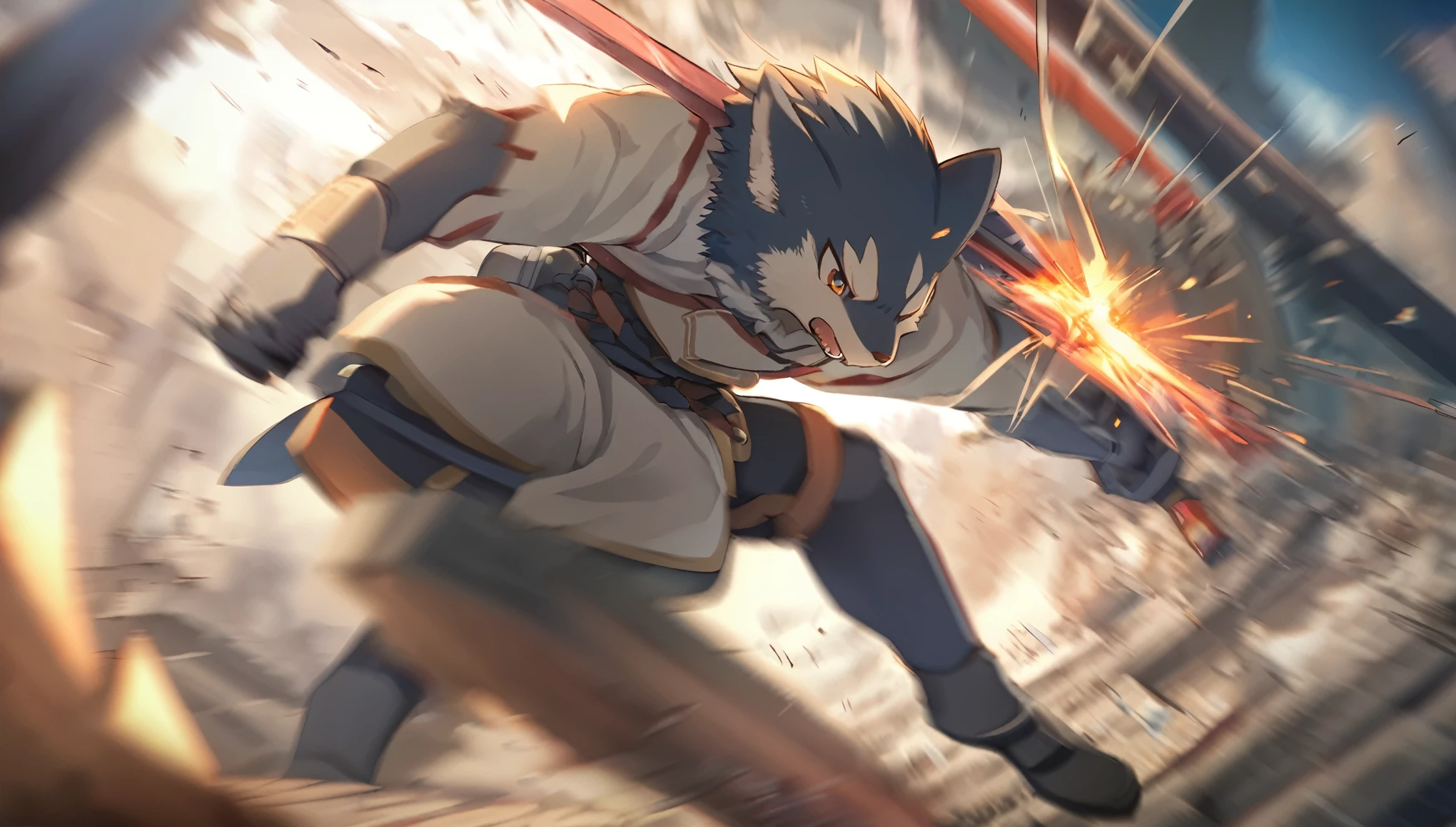 top quality, high-quality illustrations((masterpiece))depth of field, motion blur, absurdres, Perfect Anatomy, magnificent picture of kemono fighting fierce battles, kemono, 1boy, solo focus, Anthro((dramatic))epic, weapon, dynamic pose, One scene of movie,