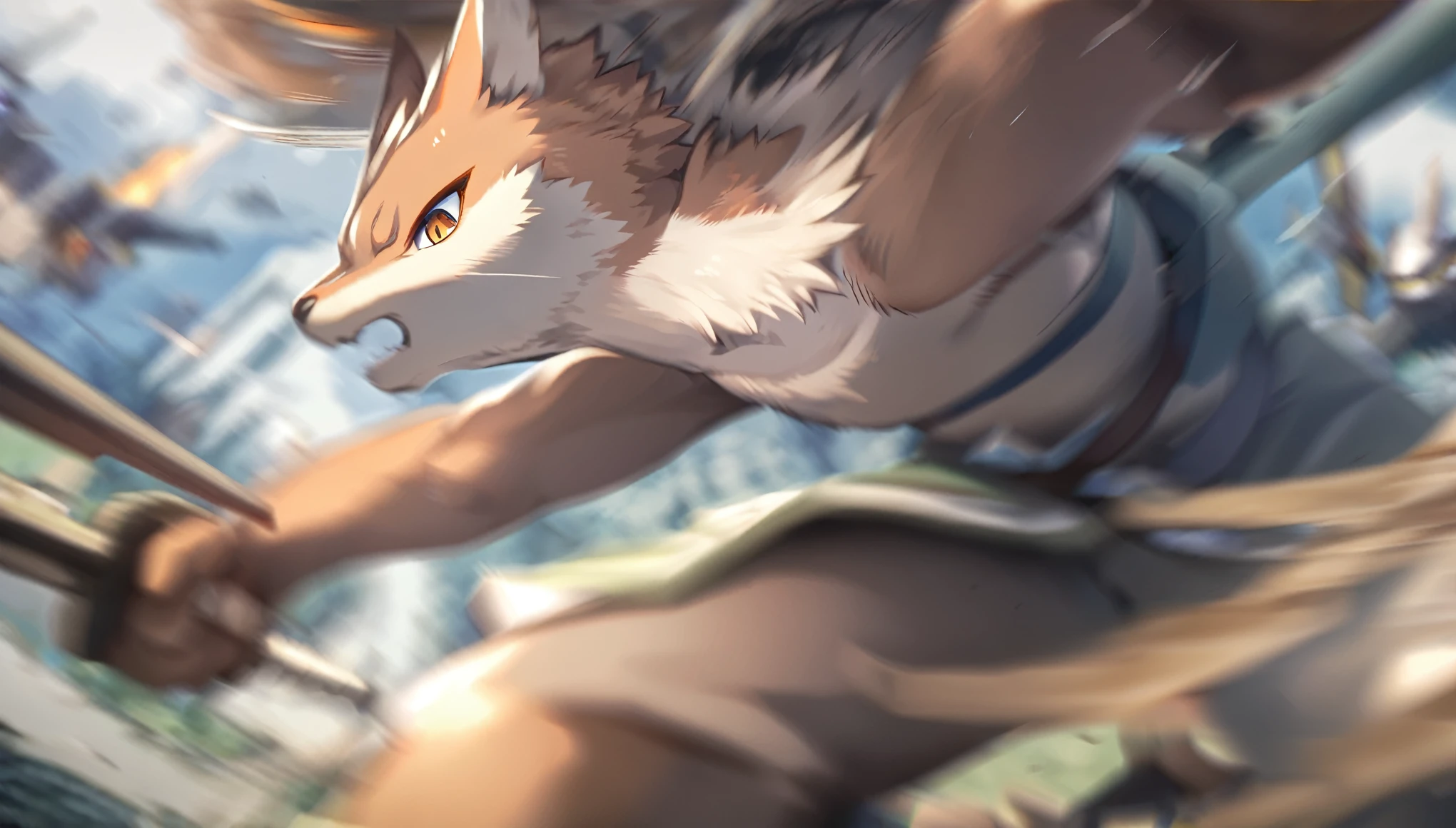 top quality, high-quality illustrations((masterpiece))depth of field, motion blur, absurdres, Perfect Anatomy, magnificent picture of kemono fighting fierce battles, kemono, 1boy, solo focus, Anthro((dramatic))epic, weapon, dynamic pose, One scene of movie,