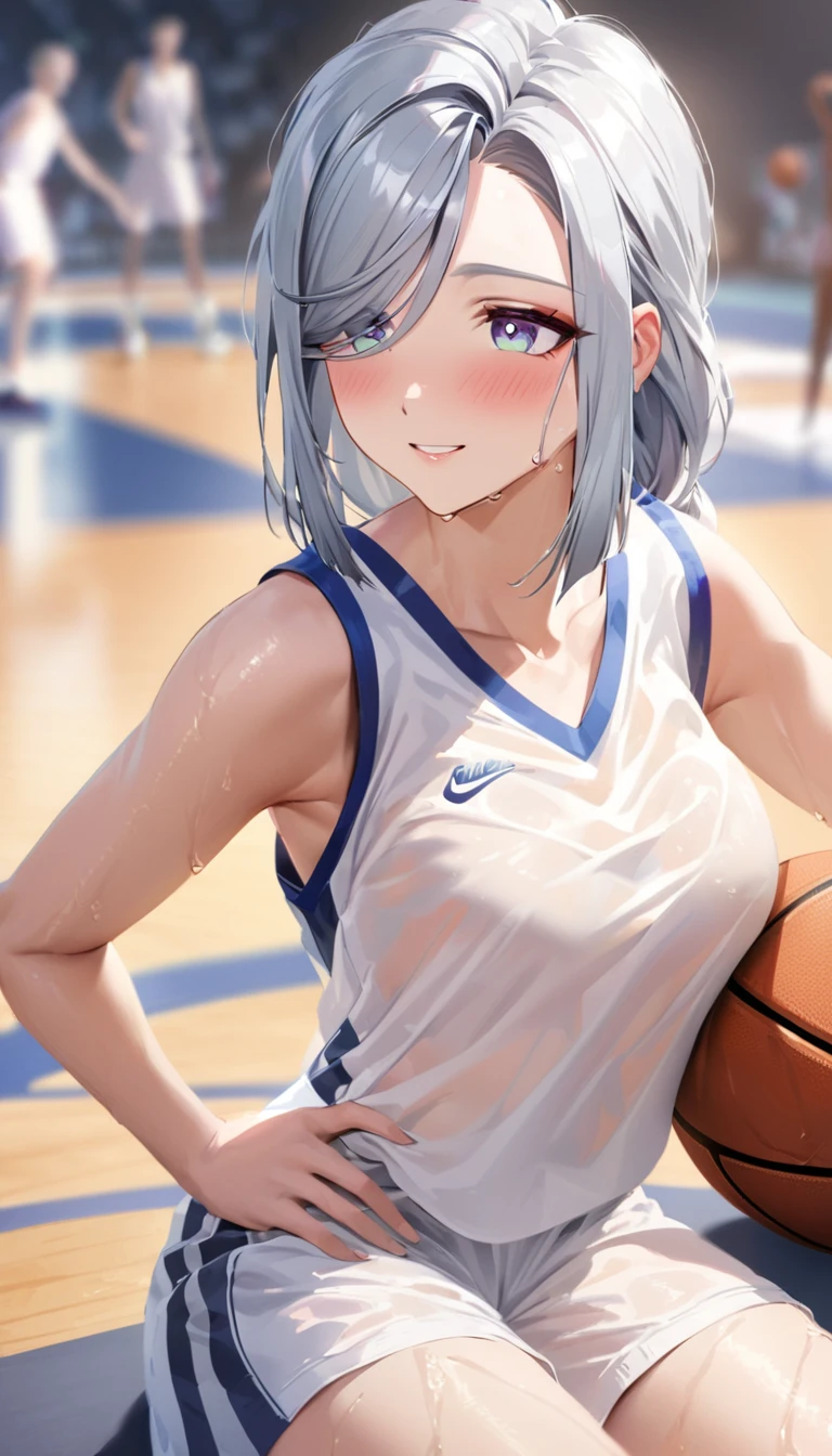 shenhe, long grey hair, beautiful face,smiling,close up to hips, moderate breast:1.1,sitting on a bed,wearing white pajamas, (open mouth:0.4),illustration,detailed textures,ultra-detailed(realistic),portrait style,vivid colors,soft lighting. blushing,(((basketball sleeveless uniform)))、,(wet with sweat),,turn around and look back,basketball court,See-through,full body, Shenhe plays basketball in the sports court 