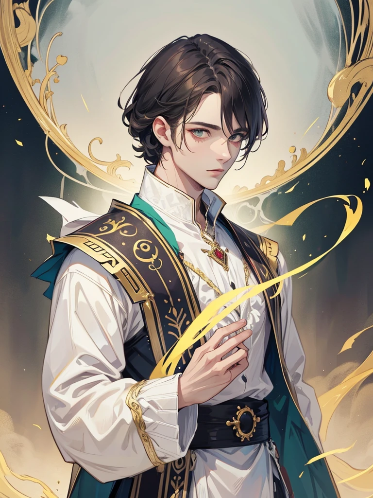 Very handsome man in prince clothes, cabelo dourado curto e ondulado, rosto bonito, orelhas pontudas e asas de fada, olhos verdes esmeralda