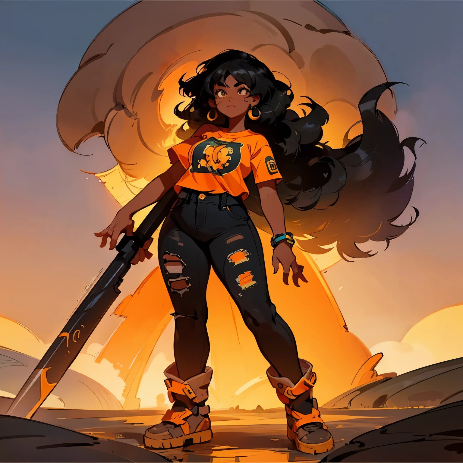 Fanart/concept art of brown-skinned black girl with long curly black hair. She is wearing an orange “camp half-blood” t shirt from Percy Jackson. She is midsized/plus sized. She is a Percy Jackson character.