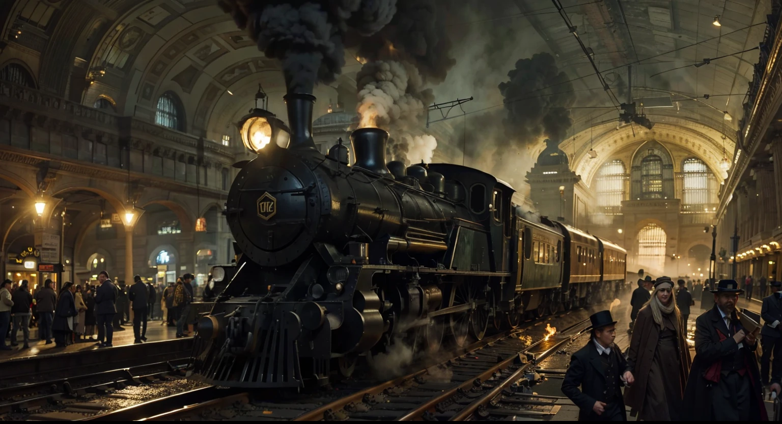 jules breton, Locomotive STEAM powered train arriving in grand central station in 1841, adventure, dramatic lighting, shadowy