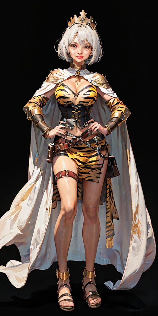 ((BLACK BACKGROUND 1:2, masterpiece)) 1solo female full body standing straight symmetrical with two long thighs and two metal sandals, red eyes like rubies, looking to the viewer, silver white hair, short bob style hair, big knockers breastplate, breastplate, cleavage, tiara royal, long cape up to two feet, yellow bikini (yellow tiger stripes), lustful smirking smiling, smile face (red blushed, red cheeks), pauldrons metal shoulders, gold sleeveless bracelets, separate sleeves, hands on waist hands OR hips, golden bracers, metal handcuffs, leather corset, red loincloth, black leather choker slave collar, shackles bracelets, slave red crest under navel, navel, big belt around waist OR hips, feet together, metal ankles