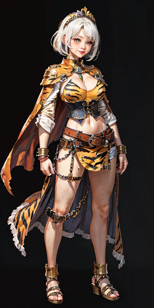 ((BLACK BACKGROUND 1:2, masterpiece)) 1solo female full body standing straight symmetrical with two long thighs and two metal sandals, red eyes like rubies, looking to the viewer, silver white hair, short bob style hair, big knockers breastplate, breastplate, cleavage, tiara royal, long cape up to two feet, yellow bikini (yellow tiger stripes), lustful smirking smiling, smile face (red blushed, red cheeks), pauldrons metal shoulders, gold sleeveless bracelets, separate sleeves, hands on waist hands OR hips, golden bracers, metal handcuffs, leather corset, red loincloth, black leather choker slave collar, shackles bracelets, slave red crest under navel, navel, big belt around waist OR hips, feet together, metal ankles