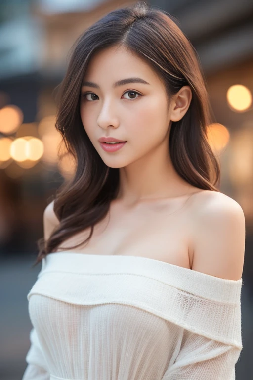 (masterpiece:1.2, highest quality), realistic, (real picture, intricate details,  parted lips, very detailed, perfect face, perfect body, 
mature woman ,bokeh background,   Minimalist sexy  off shoulder dress ,The lower body is only underwear,Only the upper body is dressed,random hairstyles 