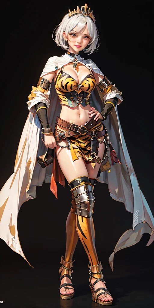 ((BLACK BACKGROUND 1:2, masterpiece)) 1solo female full body standing straight symmetrical with two long thighs and two metal sandals, red eyes like rubies, looking to the viewer, silver white hair, short bob style hair, big knockers breastplate, breastplate, cleavage, tiara royal, long cape up to two feet, yellow bikini (yellow tiger stripes), lustful smirking smiling, smile face (red blushed, red cheeks), pauldrons metal shoulders, gold sleeveless bracelets, separate sleeves, hands on waist hands OR hips, golden bracers, metal handcuffs, leather corset, red loincloth, black leather choker slave collar, shackles bracelets, slave red crest under navel, navel, big belt around waist OR hips, feet together, metal ankles