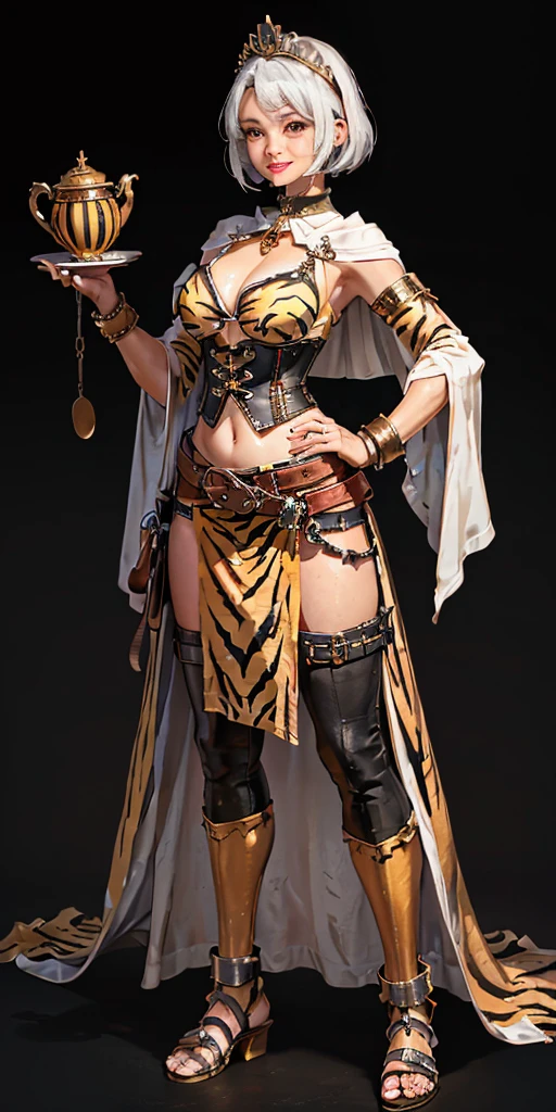 ((BLACK BACKGROUND 1:2, masterpiece)) 1solo female full body standing straight symmetrical with two long thighs and two metal sandals, red eyes like rubies, looking to the viewer, silver white hair, short bob style hair, big knockers breastplate, breastplate, cleavage, tiara royal, long cape up to two feet, yellow bikini (yellow tiger stripes), lustful smirking smiling, smile face (red blushed, red cheeks), pauldrons metal shoulders, gold sleeveless bracelets, separate sleeves, hands on waist hands OR hips, golden bracers, metal handcuffs, leather corset, red loincloth, black leather choker slave collar, shackles bracelets, slave red crest under navel, navel, big belt around waist OR hips, feet together, metal ankles