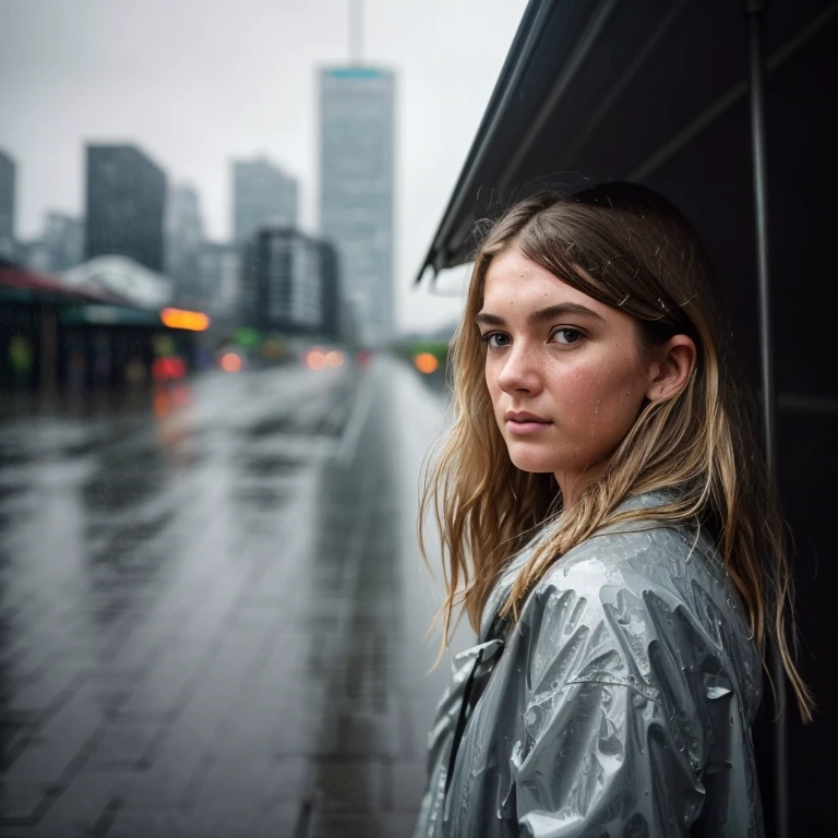 Close-Up, wide angle, (Sadie Wilkinson with rain-soaked hair, contemplative expression), soft streetlamp glow, (standing under a dripping awning, city skyline in the background), (24mm lens, Panasonic Lumix GH5, atmospheric details, professional, candid photography, trending on Instagram), by Saul Leiter and Fan Ho and Ernst Haas