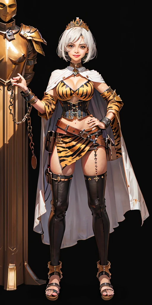((BLACK BACKGROUND 1:2, masterpiece)) 1solo female full body standing straight symmetrical with two long thighs and two metal sandals, red eyes like rubies, looking to the viewer, silver white hair, short bob style hair, big knockers breastplate, breastplate, cleavage, tiara royal, long cape up to two feet, yellow bikini (yellow tiger stripes), lustful smirking smiling, smile face (red blushed, red cheeks), pauldrons metal shoulders, gold sleeveless bracelets, separate sleeves, hands on waist hands OR hips, golden bracers, metal handcuffs, leather corset, red loincloth, black leather choker slave collar, shackles bracelets, slave red crest under navel, navel, big belt around waist OR hips, feet together, metal ankles