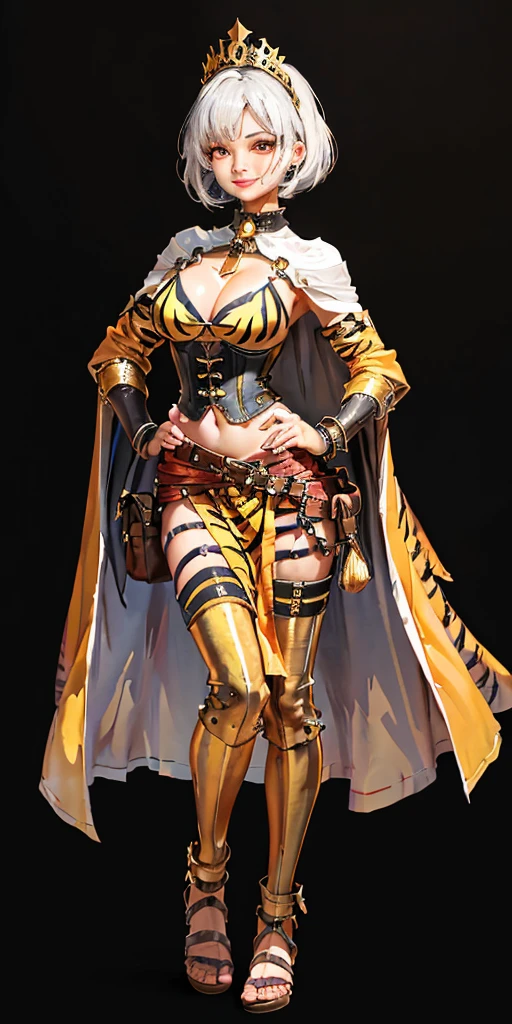 ((BLACK BACKGROUND 1:2, masterpiece)) 1solo female full body standing straight symmetrical with two long thighs and two metal sandals, red eyes like rubies, looking to the viewer, silver white hair, short bob style hair, big knockers breastplate, breastplate, cleavage, tiara royal, long cape up to two feet, yellow bikini (yellow tiger stripes), lustful smirking smiling, smile face (red blushed, red cheeks), pauldrons metal shoulders, gold sleeveless bracelets, separate sleeves, hands on waist hands OR hips, golden bracers, metal handcuffs, leather corset, red loincloth, black leather choker slave collar, shackles bracelets, slave red crest under navel, navel, big belt around waist OR hips, feet together, metal ankles