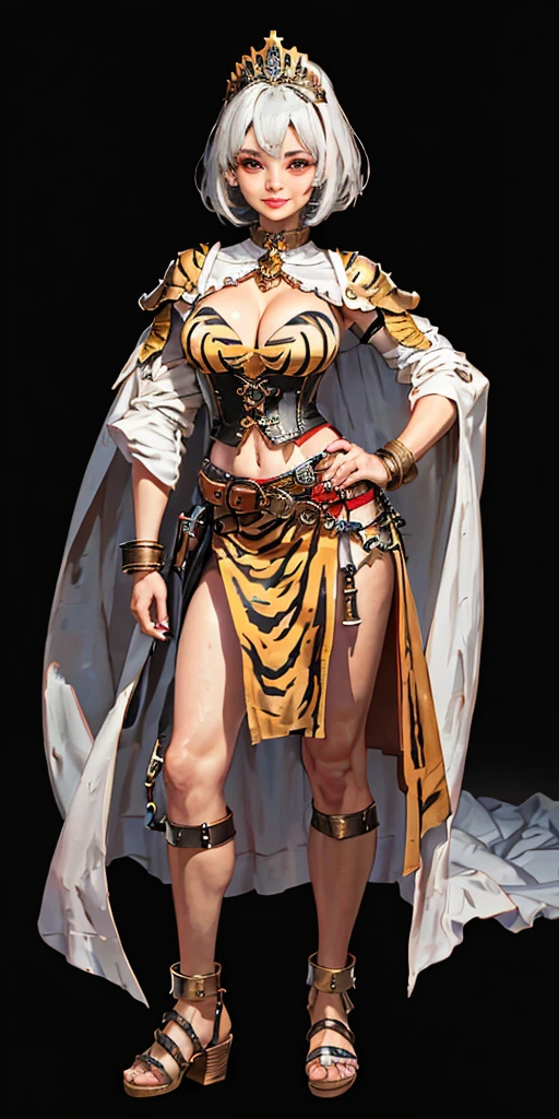 ((BLACK BACKGROUND 1:2, masterpiece)) 1solo female full body standing straight symmetrical with two long thighs and two metal sandals, red eyes like rubies, looking to the viewer, silver white hair, short bob style hair, big knockers breastplate, breastplate, cleavage, tiara royal, long cape up to two feet, yellow bikini (yellow tiger stripes), lustful smirking smiling, smile face (red blushed, red cheeks), pauldrons metal shoulders, gold sleeveless bracelets, separate sleeves, hands on waist hands OR hips, golden bracers, metal handcuffs, leather corset, red loincloth, black leather choker slave collar, shackles bracelets, slave red crest under navel, navel, big belt around waist OR hips, feet together, metal ankles