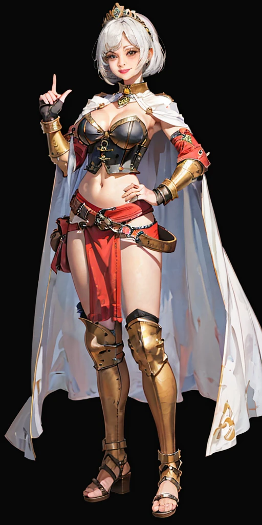 (((Plain background 1:2))) (masterpiece, high quality: 1.1) 1girl full body standing, hairstyle with a braid, white colored hair, yellow eyes, perfect lighting, muscular, thighs, mature woman, mummy, bellybutton, abs, looks at the viewer smile RED CHEEKS, extremely huge breasts, maternal, porcelain skin, extra very long hair, sparkly skin, good face, chest cover, HANDS ON HIPS