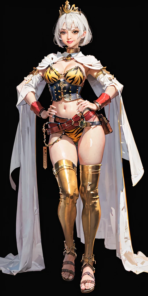 1girl, Forrest from Fire Emblem brown boots, brown gloves blonde twintails, full body, female BIMBO yellowish tiger print bikini, hands on waist, navel, lustful smirking smiling, smile face, red blushed, red cheeks, gold sleeveless armbands, black leather choker collar, sleeves bracelets wristband, leather corset