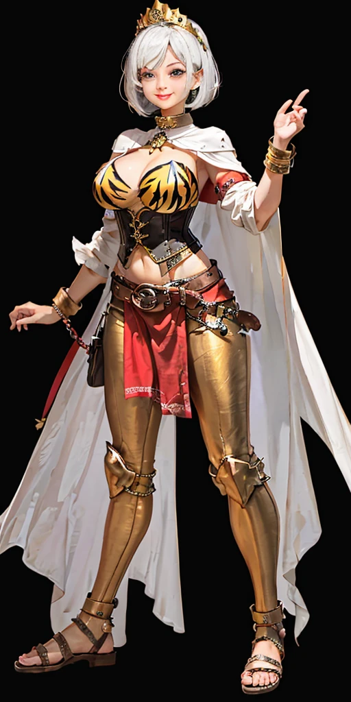 ((BLACK BACKGROUND 1:2, masterpiece)) 1solo female full body standing straight symmetrical with two long thighs and two metal sandals, red eyes like rubies, looking to the viewer, silver white hair, short bob style hair, big knockers breastplate, breastplate, cleavage, tiara royal, long cape up to two feet, yellow bikini (yellow tiger stripes), lustful smirking smiling, smile face (red blushed, red cheeks), pauldrons metal shoulders, gold sleeveless bracelets, separate sleeves, hands on waist hands OR hips, golden bracers, metal handcuffs, leather corset, red loincloth, black leather choker slave collar, shackles bracelets, slave red crest under navel, navel, big belt around waist OR hips, feet together, metal ankles
