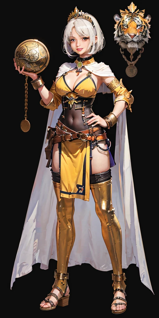 ((BLACK BACKGROUND 1:2, masterpiece)) 1solo female full body MILF BIMBO standing straight symmetrical with two long thighs and two metal sandals, red eyes like rubies, eye focus looking to the viewer, silver white hair, short bob style hair, big knockers breastplate, breastplate, cleavage, tiara royal, long cape up to two feet, yellow bikini (yellow tiger stripes), lustful smirking smiling, smile face (red blushed, red cheeks), pauldrons metal shoulders, gold sleeveless bracelets, separate sleeves, hands on waist hands OR hips, golden bracers, metal handcuffs, leather corset, red loincloth, black leather choker slave collar, shackles bracelets, slave red crest under navel, navel, big belt around waist OR hips, feet together, metal ankle, two long thighs and two metal sandals