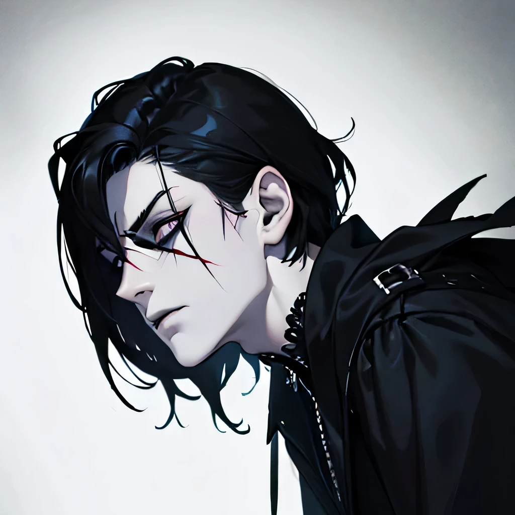 Male, pale, gothic boy, mysterious, slim, hunchback, creepy, hair over his eyes, eyebags, black hair, blood, blind, goth, sad, emo, scar, cuts