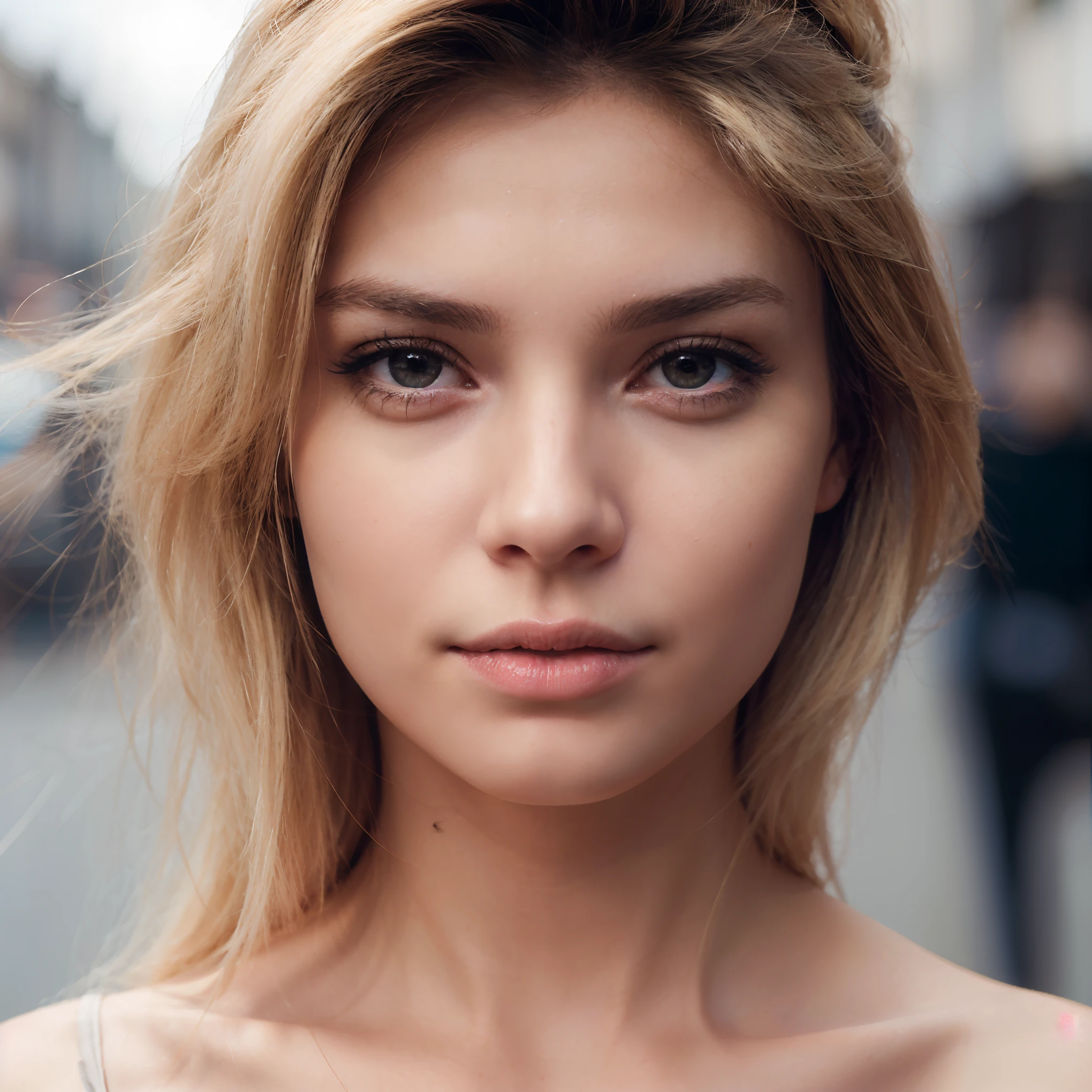 high quality, highly detailed, Envision a hyper-realistic portrait capturing looking at the camera woman blond