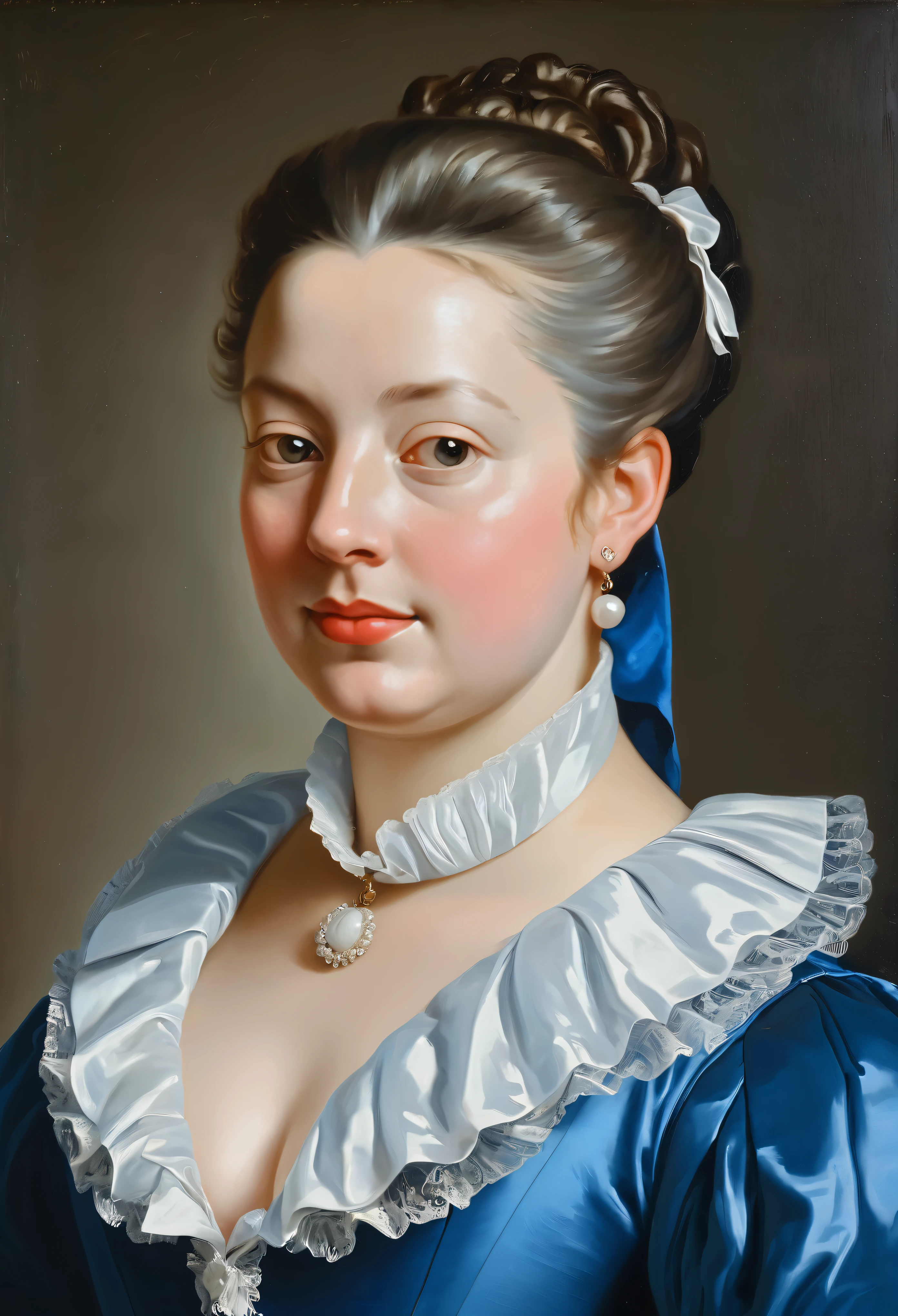 painting of a woman in a blue dress with a white collar, a portrait of a plump woman, inspired by Jean-Baptiste van Loo, inspired by Jan van de Cappelle, inspired by Charles-André van Loo, inspired by Bartholomeus van der Helst, inspired by Pompeo Batoni, inspired by Johannes Cornelisz Verspronck, close portrait