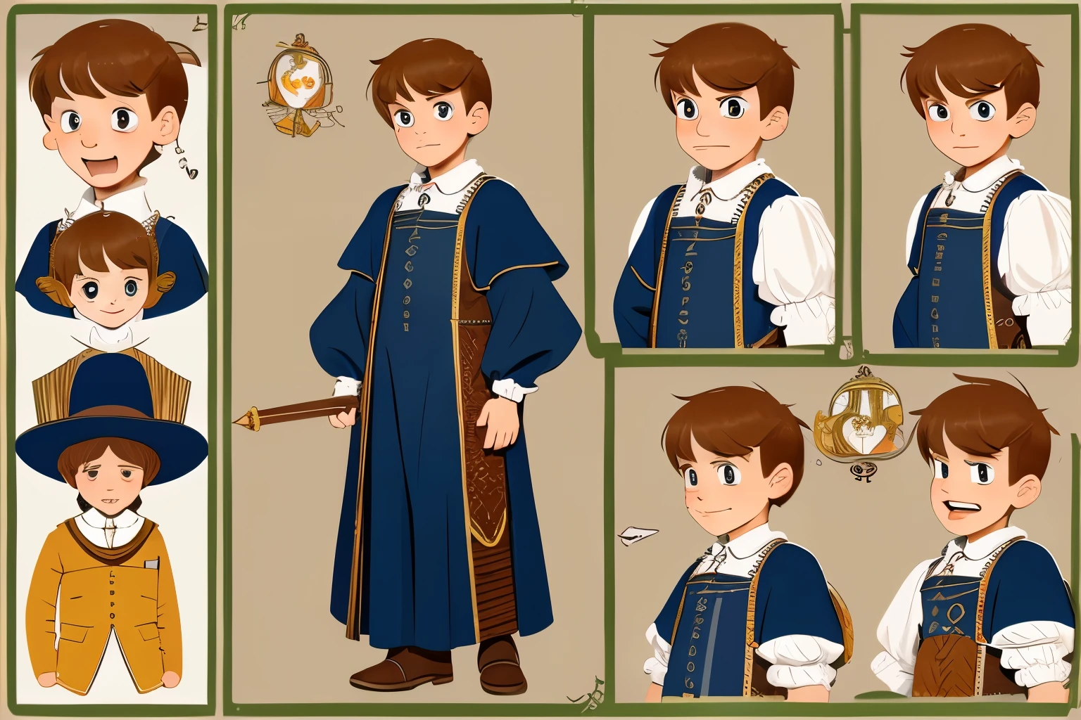 poor but smart bright 7--old  in 15th century European town, cute, illustration, childrens book, fullbody shot, various emotions and expressions, character design,