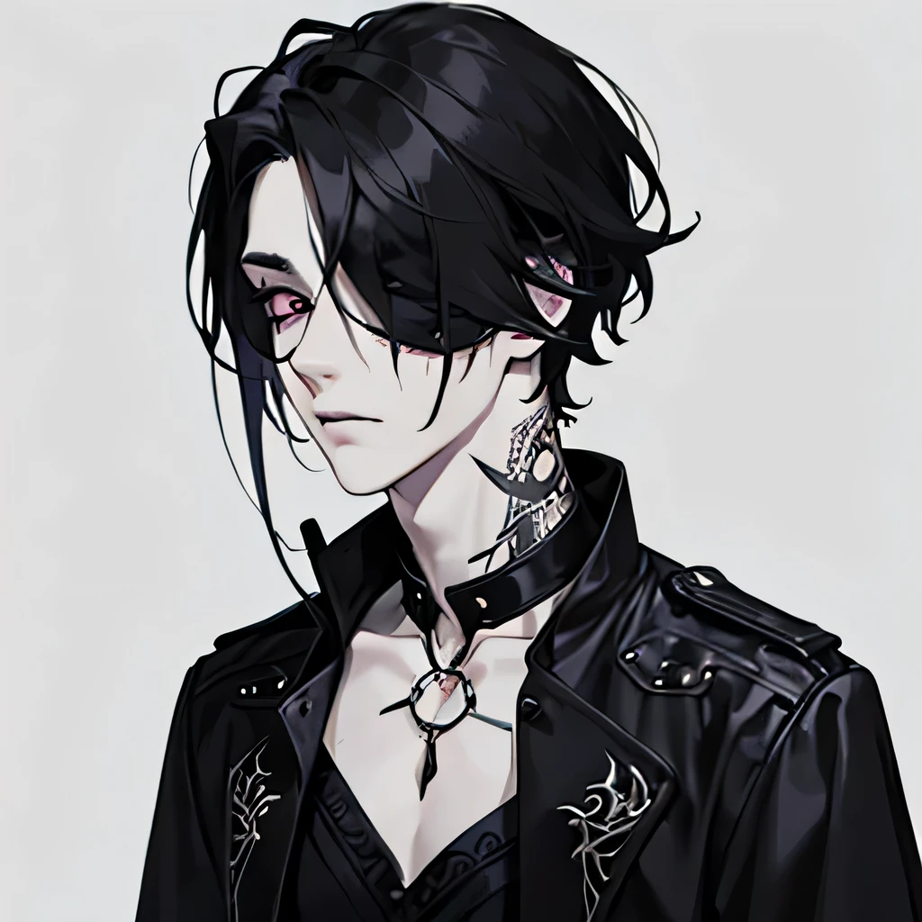 Male, pale, gothic boy, mysterious, slim, hunchback, creepy, hair over his eyes, eyebags, black hair, blood, blind, goth, sad, emo, scar, cuts