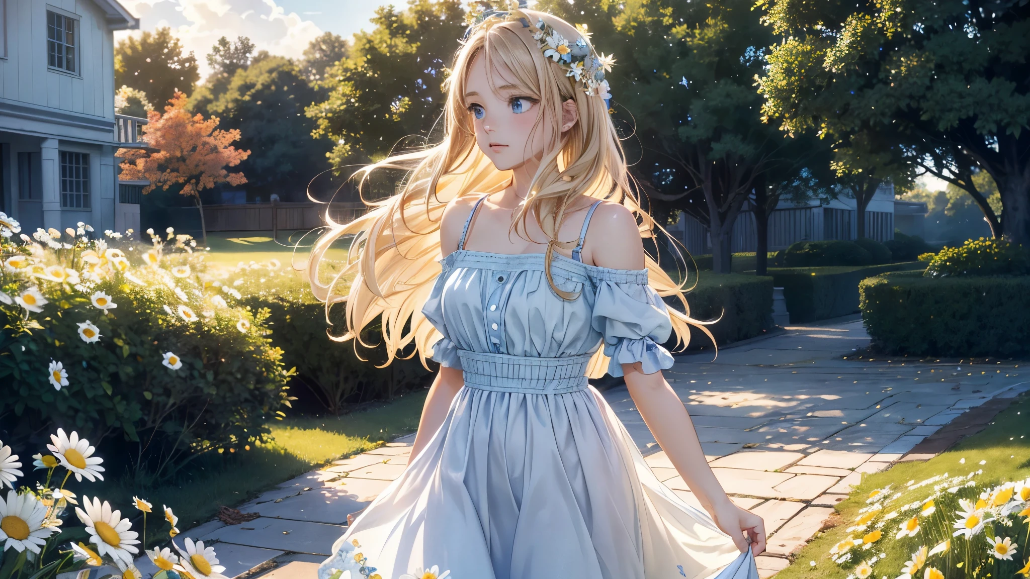 Highest quality 8K resolution,Realistic, Vibrant colors, Soft tones, With warm and gentle lighting,(Smooth straight blonde hair:1.2),(Hair parted in the middle:1.2),(Glowing hair),(Deep Blue Eyes:1.3),Girl walking in town, (Nostalgic atmosphere),Cool morning clouds are calm and peaceful,She walks in a field of daisies, The tree々Gentle sunlight illuminates the space,Like multicolored glass,Garden Girl,gentle sunlight,Soft breeze,Delicate flowers,Butterflies flutter by,Mesmerizing natural beauty,Fragments of Shining Stars,Autumn breeze carrying farewell,