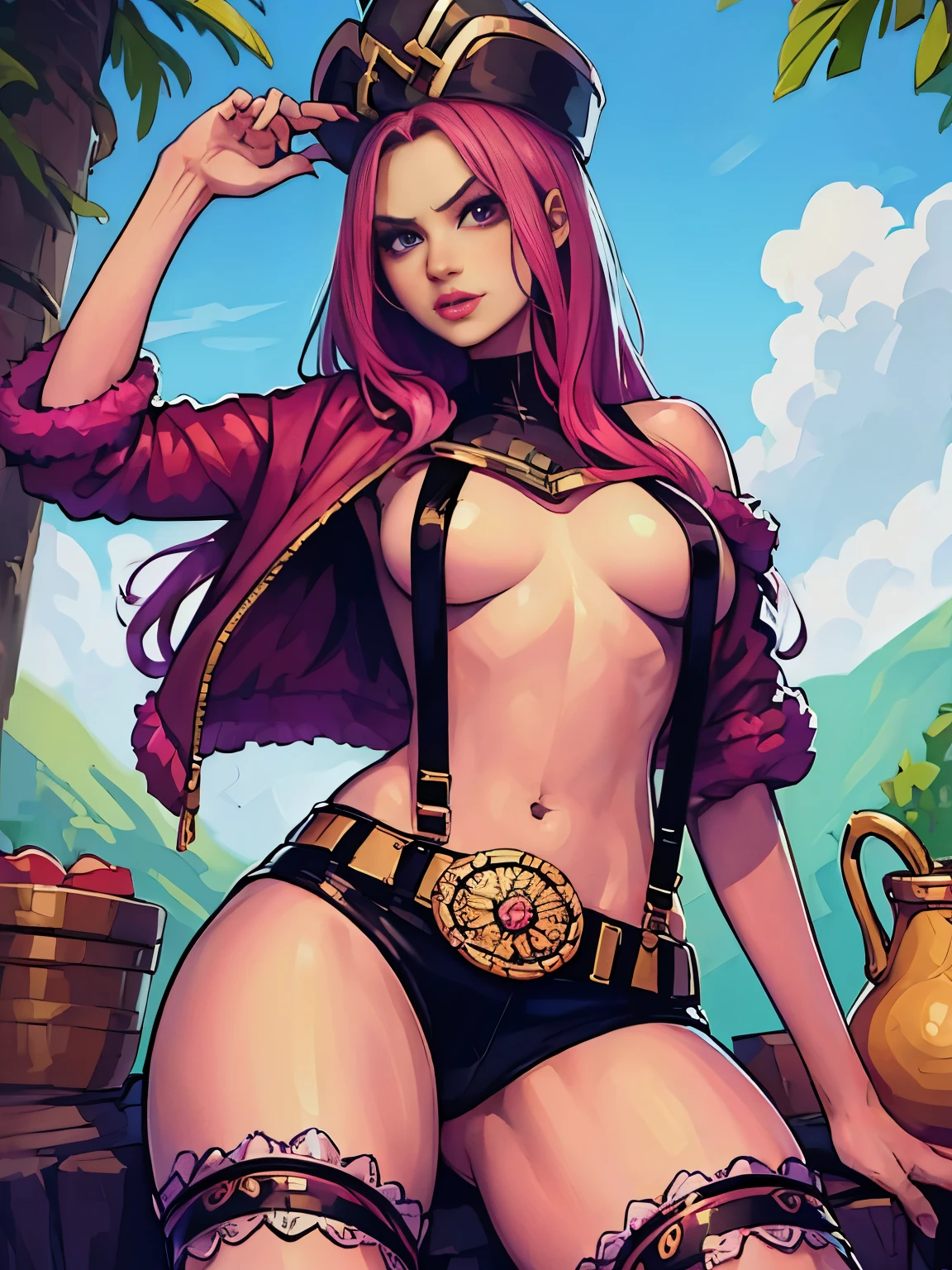 A SEXY GIRL IN A PROVOCATIVE POSE, CUTE SEMI-NAKED GIRL, GIRL WITHOUT BRA, NAKED TITS, GIRL IN THONG, SMALL THONG, THONG IN THE MIDDLE OF VAGINA, ((top-quality, 8K, masterpiece:1.3)), A detailed eye, (looking at from the front), Look at the camera, JewelryBonneyV2, half body shot, 1girl, solo, cute asian face, long hair, pink hair, hat, ((slim girl, small breasts, hyperdetailed lips)), red lips, (thighhighs, shorts, suspenders, boots, purple eyes), navel, midriff, crop top, belt, suspender shorts, complex detailed background