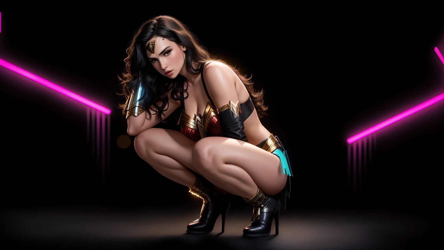 there IS GAL GADOT AS WONDER WOMAN squatting, long hair, 3 d neon art of a womans body, neon-noir background, cyberpunk femme fatale, seductive cyberpunk dark fantasy, cyberpunk strip clubs, cyberpunk 20 y. o model girl, oppai cyberpunk, banner, high definition cgsociety, cgsociety masterpiece, trending on cgstation, kda, random hair, looking at camera, gigantic breasts, cleavage, (high detailed skin:1.2), 8k uhd, dslr, super lighting, high quality, film grain, high res, highly detailed, hyper realistic, beautiful face, beautiful body, beautiful eyes nose lips, alluring expression, very bold, upper visible, full body photo, standing legs apart, pale translucent glowing skin, most beautiful face, cute, (well defined pubic hair:1.2)), (dark plain black background:1.4))