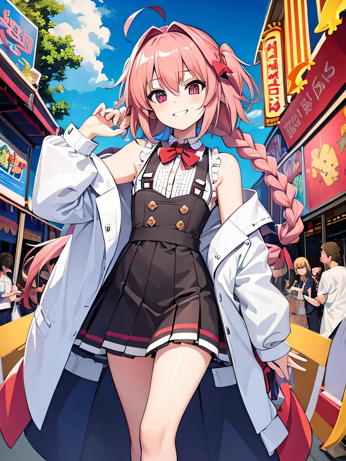 highest quality、8k、4K、High resolution、detailed, Astolfo、FGO、Bright amusement park、Flat Chest、Long braids、A large audience、