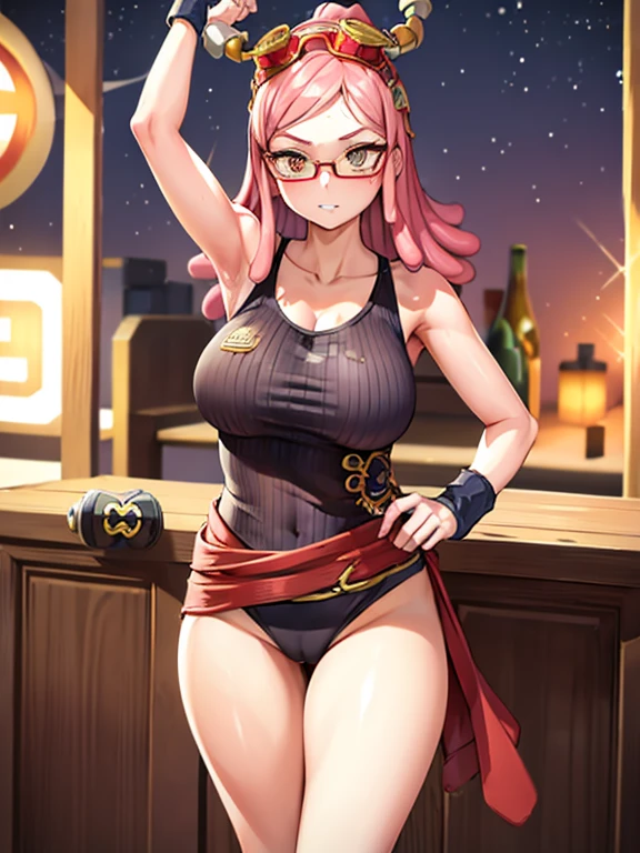 hatsume mei(mha), 1girl solo,cabello rosado,cabello corto,gafas en la cabeza, ropa china,golpes,symbol-shaped pupils, ojos amarillos, feliz, mirando al espectador, al aire libre,fuegos artificiales,Noche,festival, profundidad de campo, Justo, cara perfecta, curvas,  high resolution, recorte de pierna,tiro de vaquero,