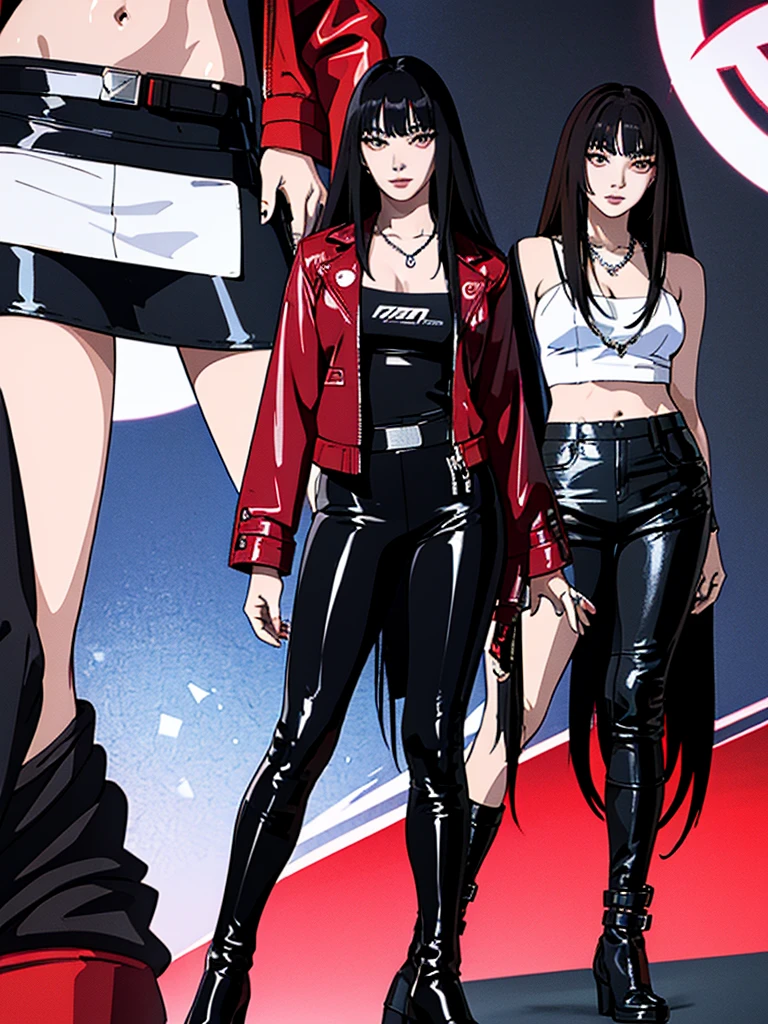 digital art drawing, illustration of (Giselle from k-pop group aespa, Long black hair with bangs, partially bleached streaks of hair, brown eyes, flat chest, anime girl, silver chain necklaces, confident look, red jacket, black latex pants, long black boots, neon details, cyberpunk 2077), anime drawing/art, bold linework, illustration, digital art, masterpiece, flat illustration, no shadows, 8k resolution, high detail, vector art, only anime, perfect eyes, perfect hands, perfect fingers, sharpness, high clarity, medium shot, high fidelity
