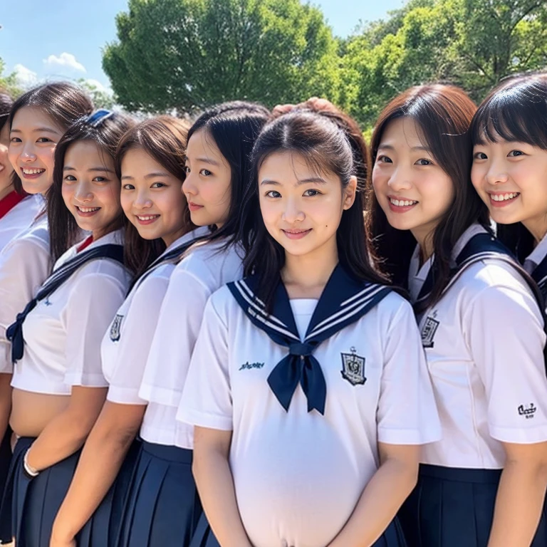 Pregnant women,Wearing a sailor uniform,Let&#39;s line up and take a group photo,precise five fingers,Many pregnant women,All are pregnant,Detailed face,My belly is visible,belly button,