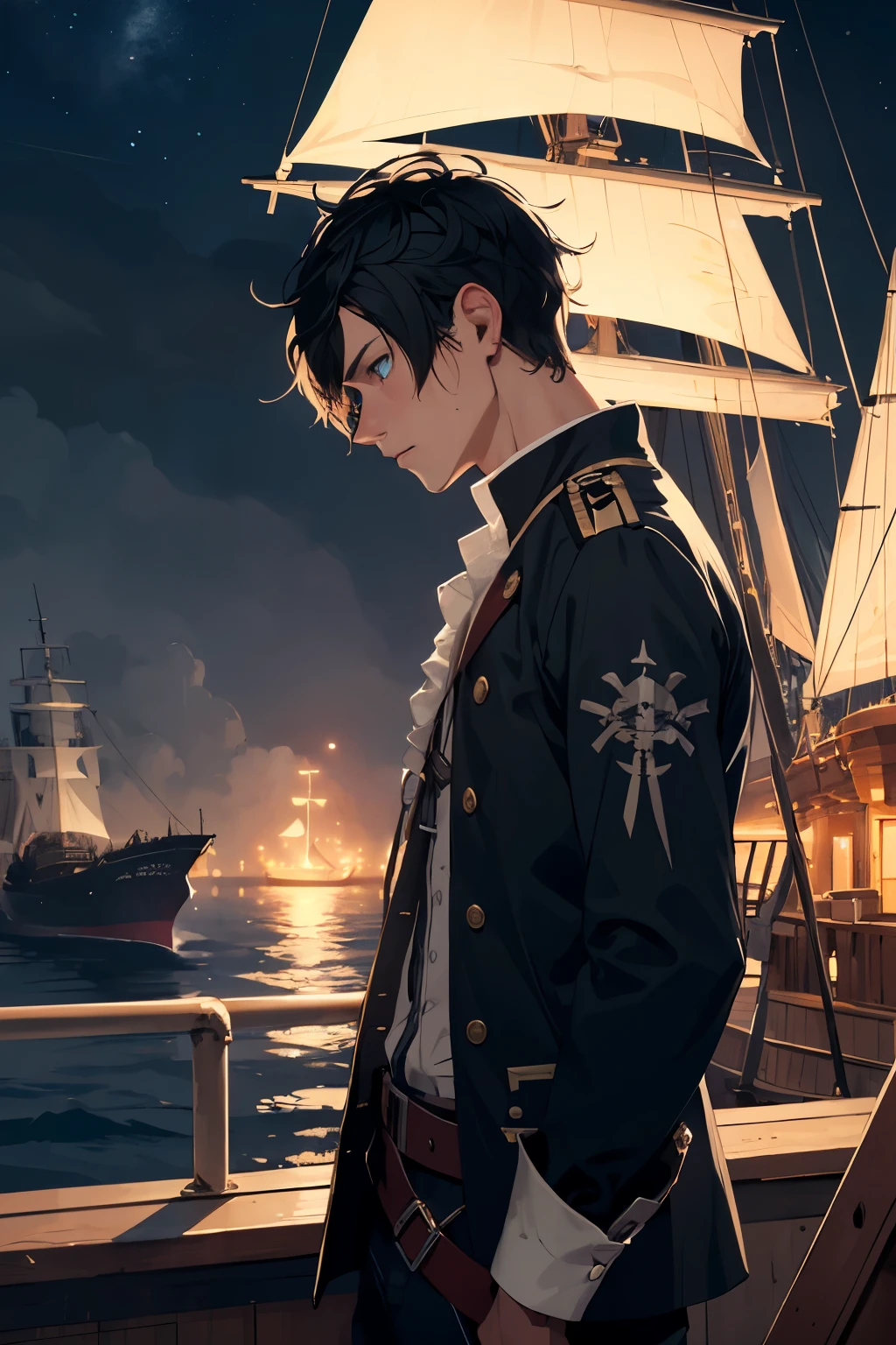 Man with short black hair and blue eyes sad and thinking in a ship at night. He is wearing a pirate's outfit