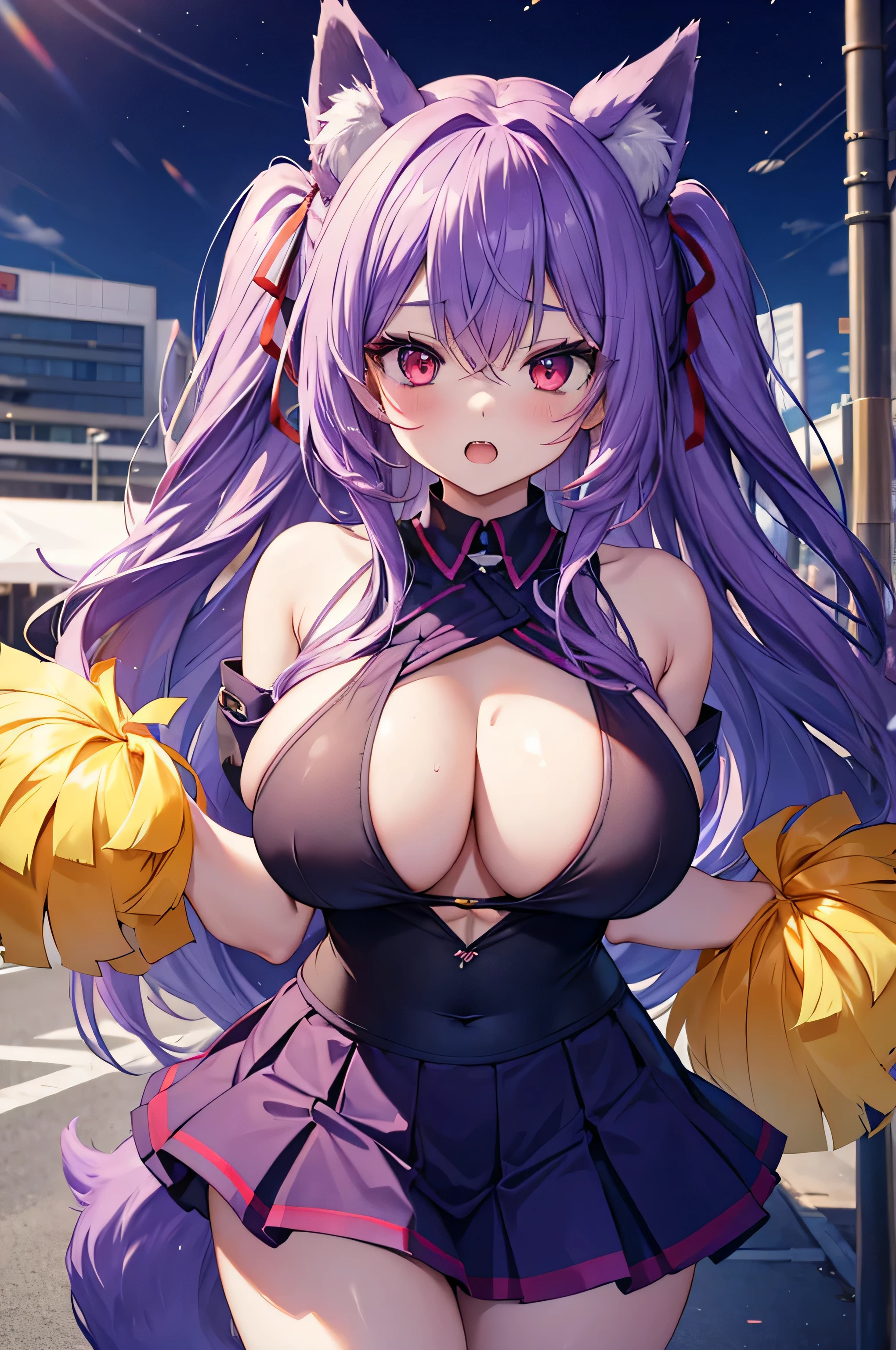 Fox Girl, Large Breasts, voluminous purple hair, Intake, masterpiece , Red eyes, hd, Head to Chest, buried in my chest、Underboobs、Double teeth, Cheerleader