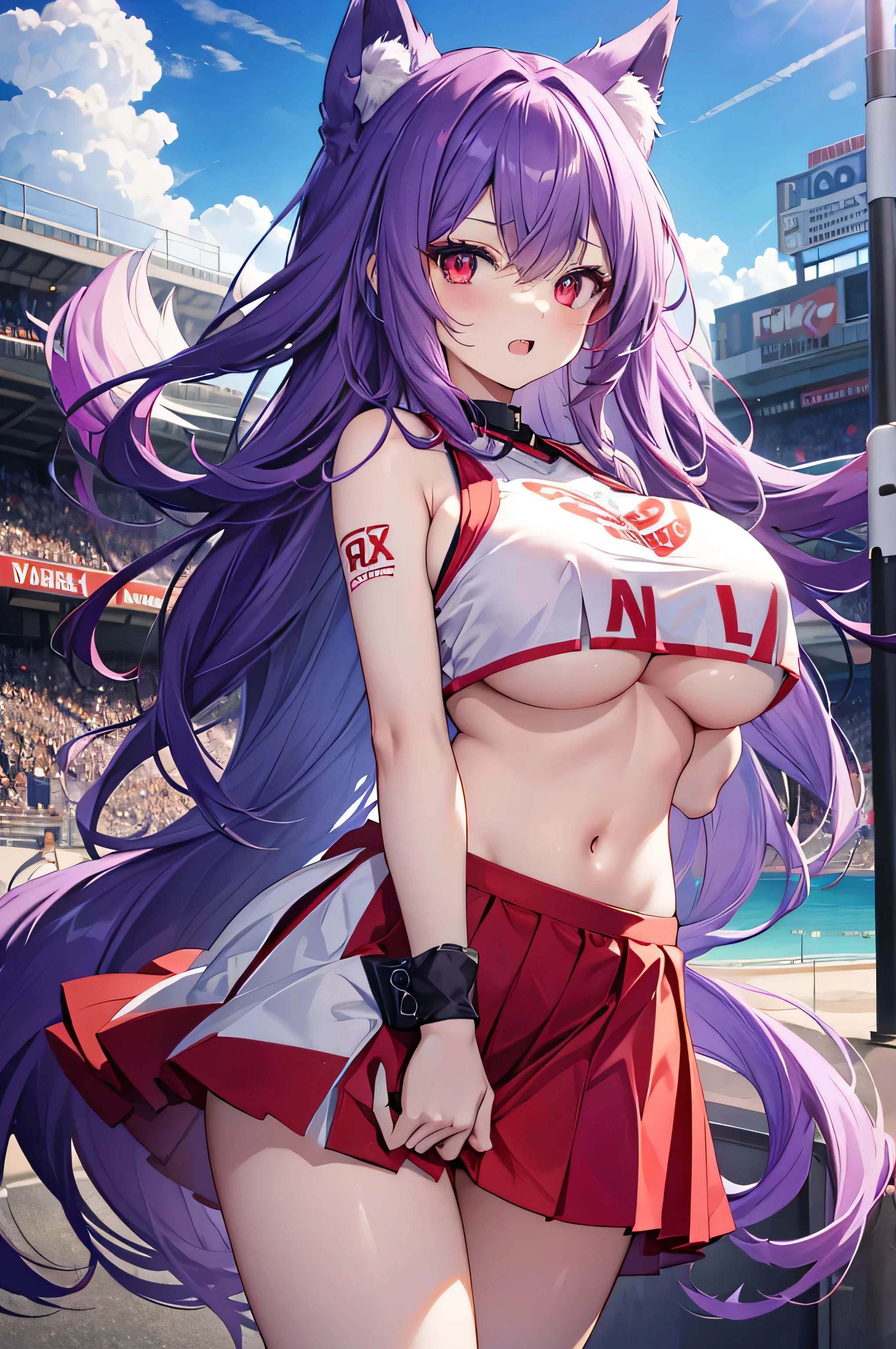 Fox Girl, Large Breasts, voluminous purple hair, Intake, masterpiece , Red eyes, hd, Head to Chest, buried in my chest、Underboobs、Double teeth, Cheerleader